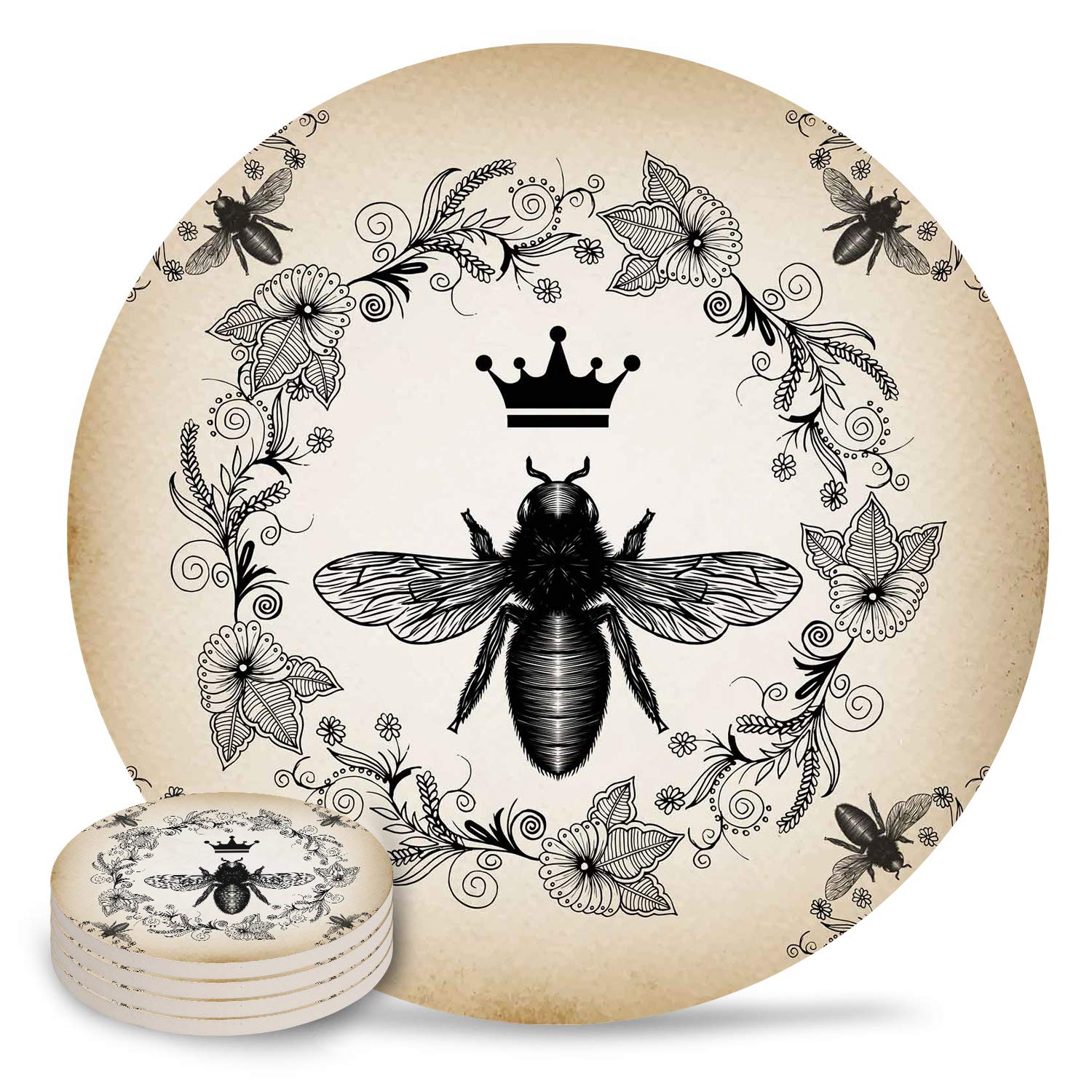Set of 4 Bee Coasters for Drinks, Absorbent Round Ceramic Coaster with Cork Base,Tabletop Protection Pad for Office, Kitchen, French Bee Garden Vintage Queen Floral