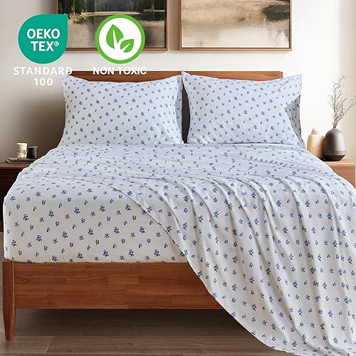 Miniatura 3 de HYPREST Sábanas 100% algodón tamaño King Floral Sábanas de percal de bolsillo profundo, sábanas de percal crujiente, suaves, transpirables y