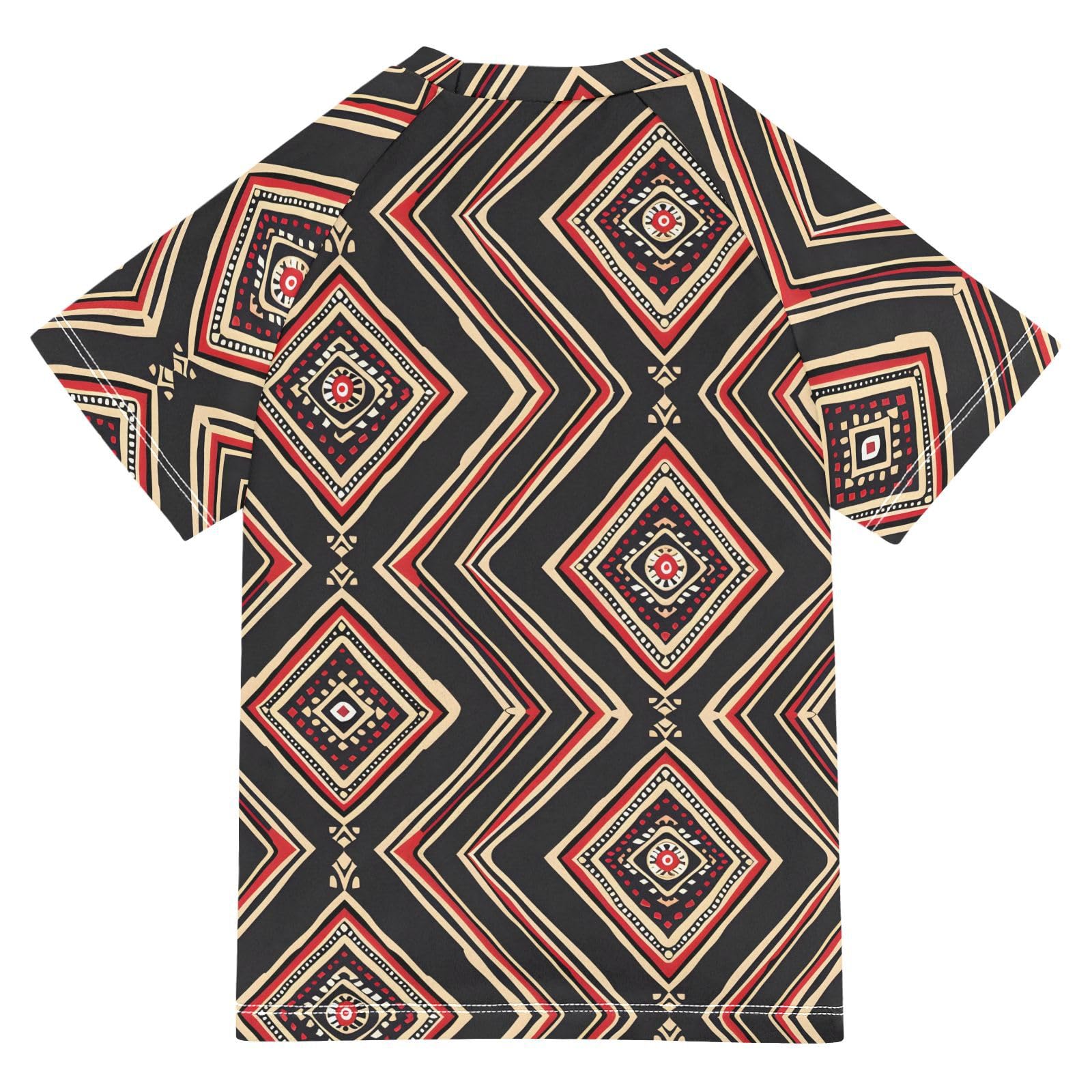ALAZA Kids Rash Guard Toddler Swim Shirt Boy Girls Black Red Geometric UPF 50+ Short Sleeve 4T