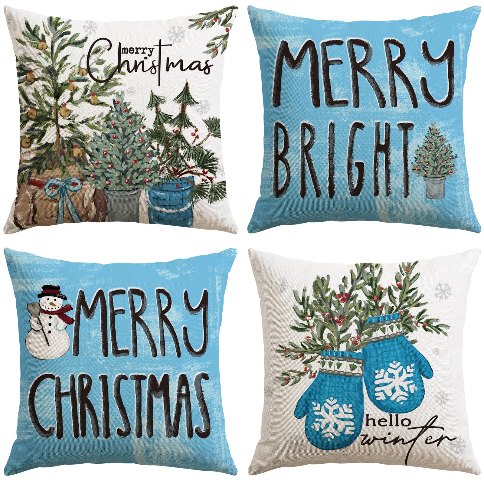 JOTOM Christmas Cushion Covers 50x50 cm Set of 4 Winter Holiday Decorative Throw Pillow Covers Sofa Snowman Gloves Cushion Cases Xmas Decoration for Home Couch Decor (Gloves Blue)