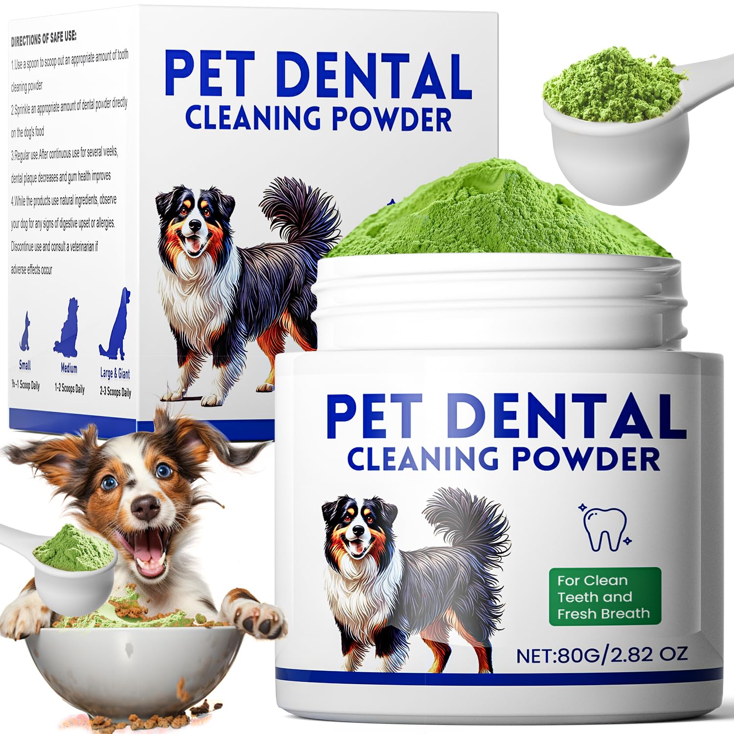 Mimo Style Dog Dental Powder, Dog Teeth Cleaning Powder, Targets Tartar & Reduces Plaque & Bad Breath - Teeth Cleaning Made Easy Eliminate - Meat-Flavored Formulated (Green)