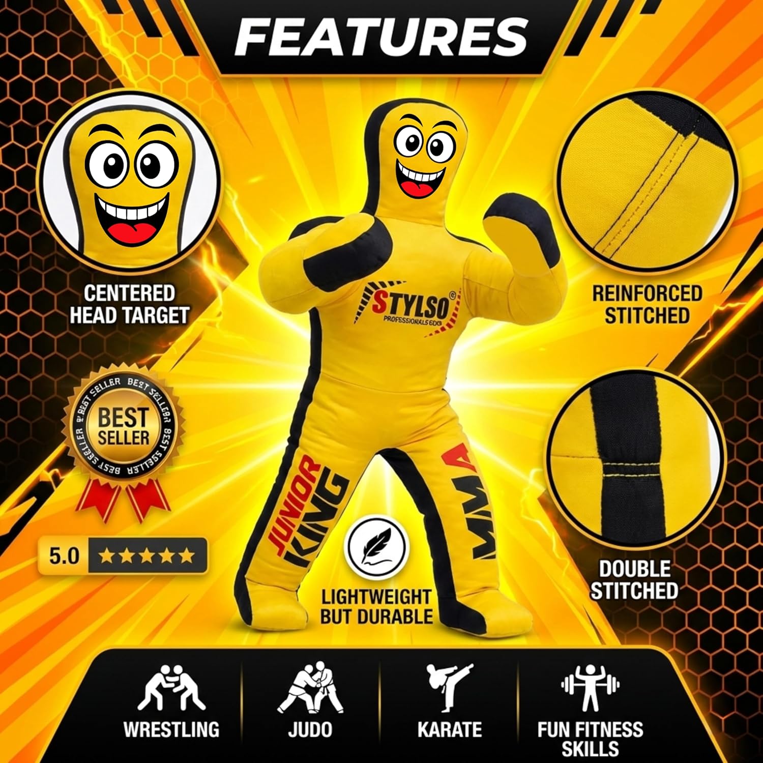 Unfilled Wrestling Dummy for Kids – Youth Grappling Dummy BJJ, MMA, Jiu Jitsu & Judo Training Partner – Durable Martial Arts Practice Buddy