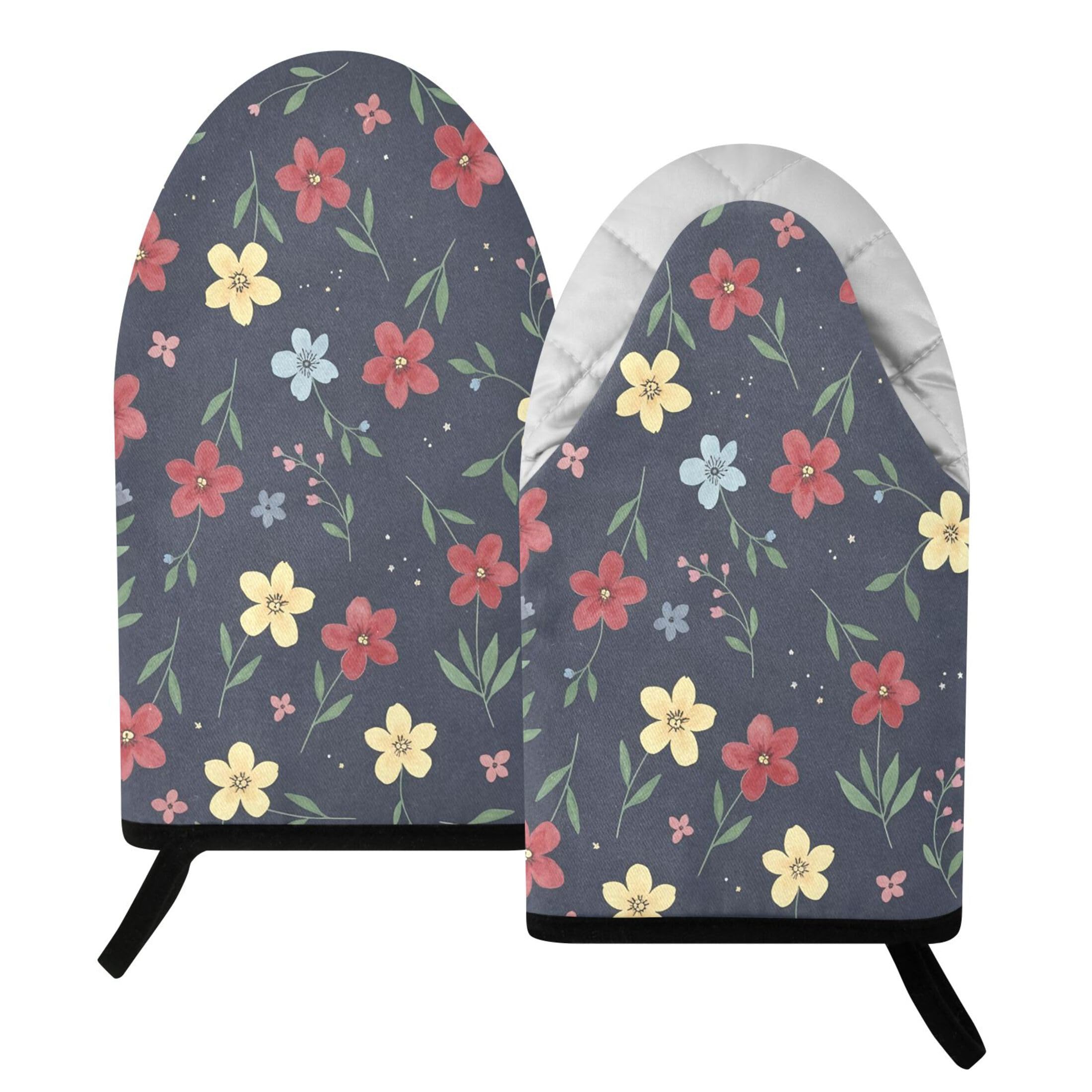 Kutsu Flowers Oven Mitts for Kitchen, Heat Resistant Cotton Oven Gloves for BBQ Baking Cooking, Breathable Kitchen Essentials, 2 pcs