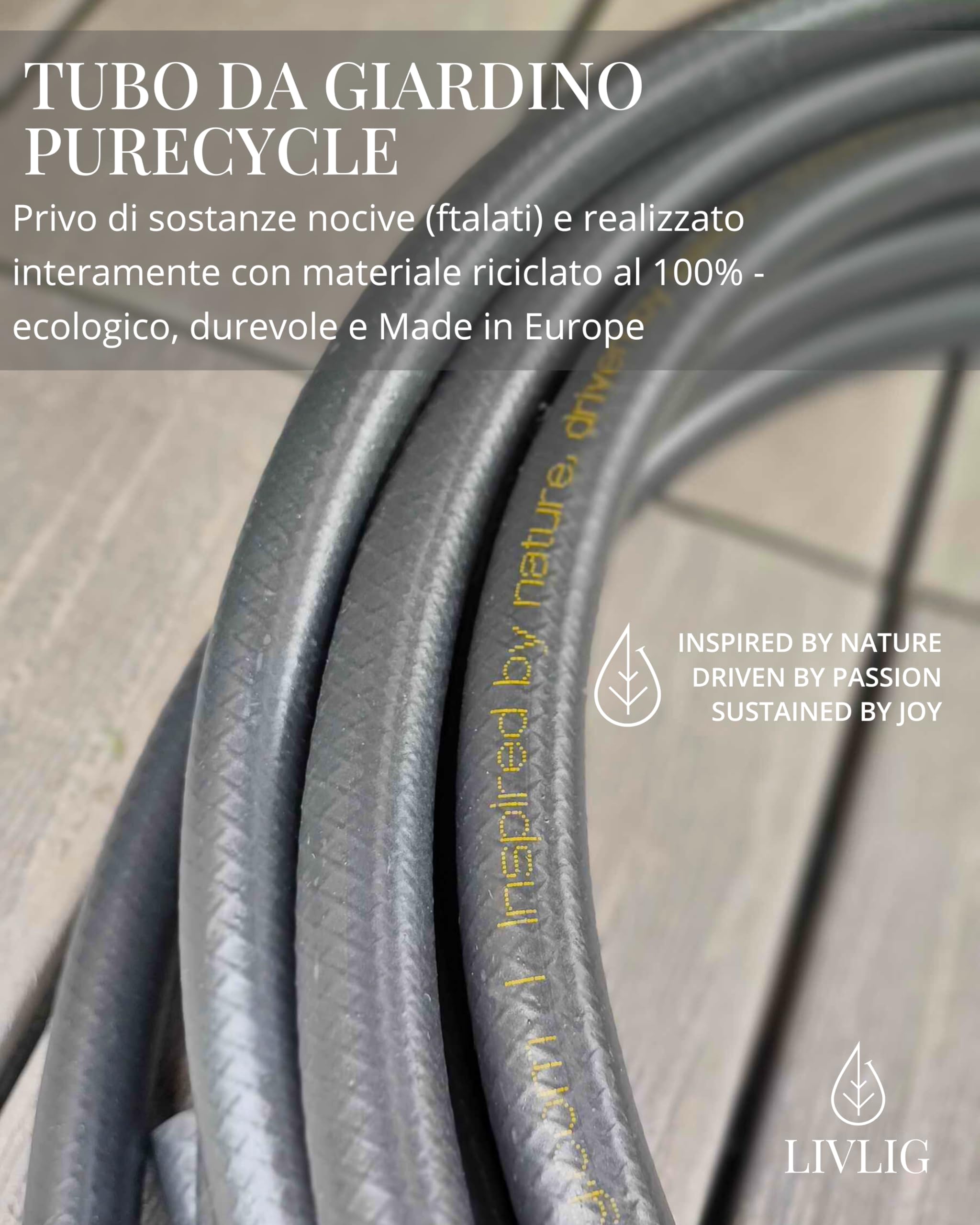LIVLIG Tubo da giardino 30 m in set, tubo da giardino nero in materiale riciclato all'85%, tubo dell'acqua con soffione da giardino e connettore per tubo da 1/2", PureCycle