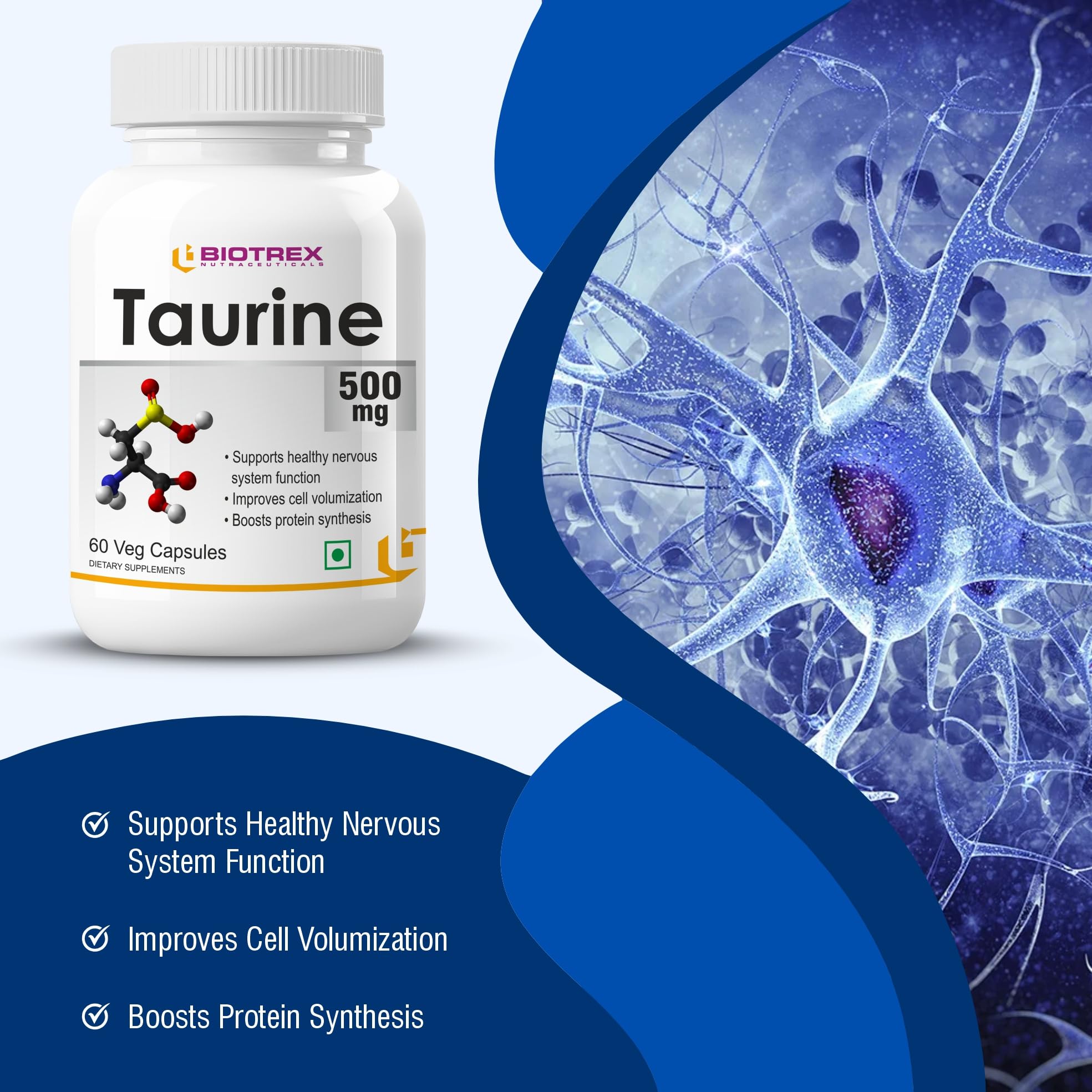 Biotrex Nutraceuticals Taurine 500mg - 60 Veg Capsules 2