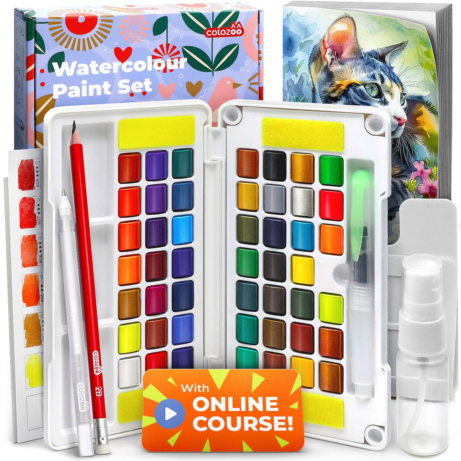 colozoo 48 Aquarellfarben Set mit Online-Video-Kurs | Watercolor Aquarell Set mit Wassertankpinsel, 10 Aquarellblätter, Mischpalette, weiß Gel Pen, Sprayflasche, Zeichenstift & Schwamm in Reise Box