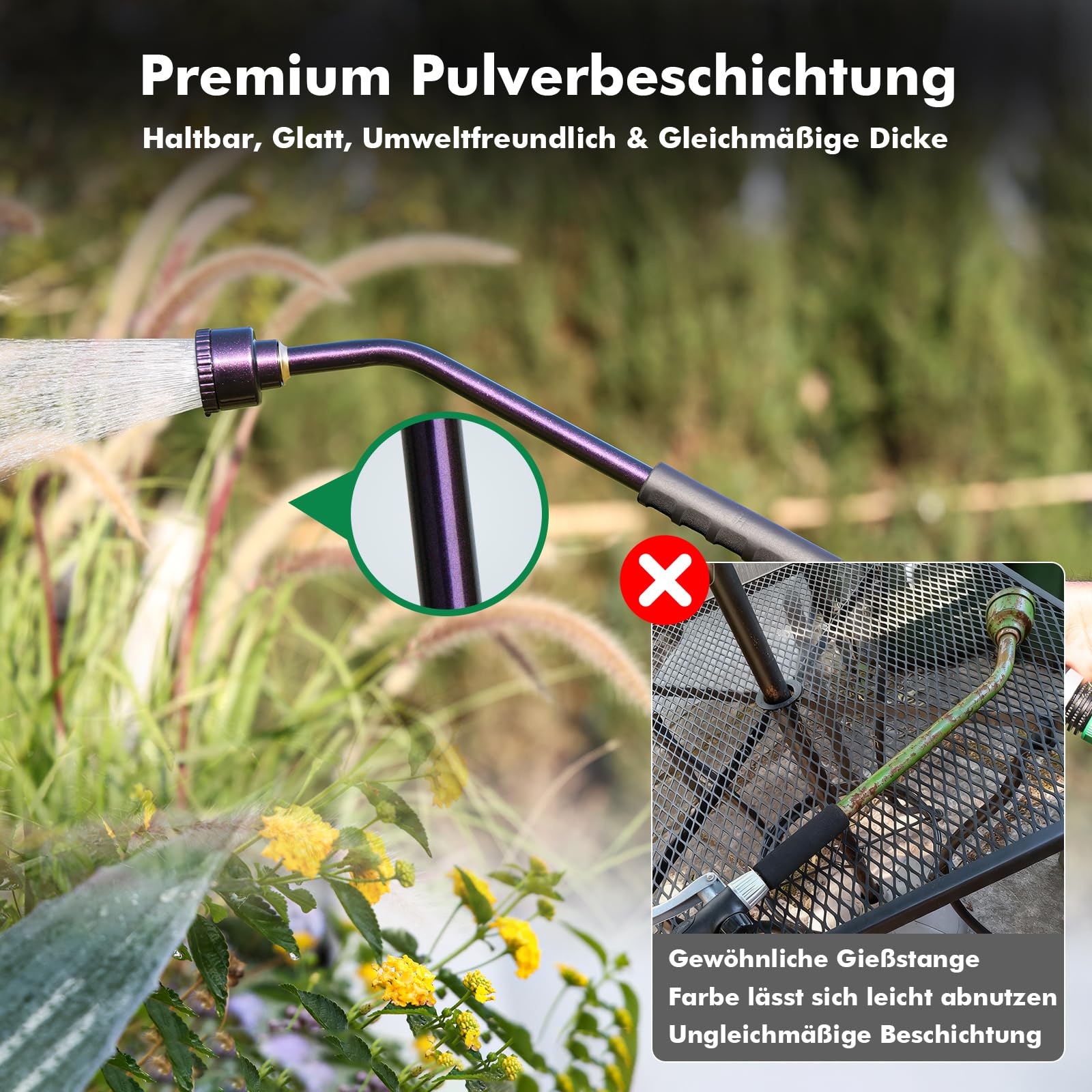 RESTMO Langer Gießstab, 61cm langer Gartenbrause mit voller, sanfter Dusche und Durchflusskontrolle, strapazierfähiger Metallschlauch für hängende Körbe, Sträucher, Pflanzen, Blumen und Rasen, Violett