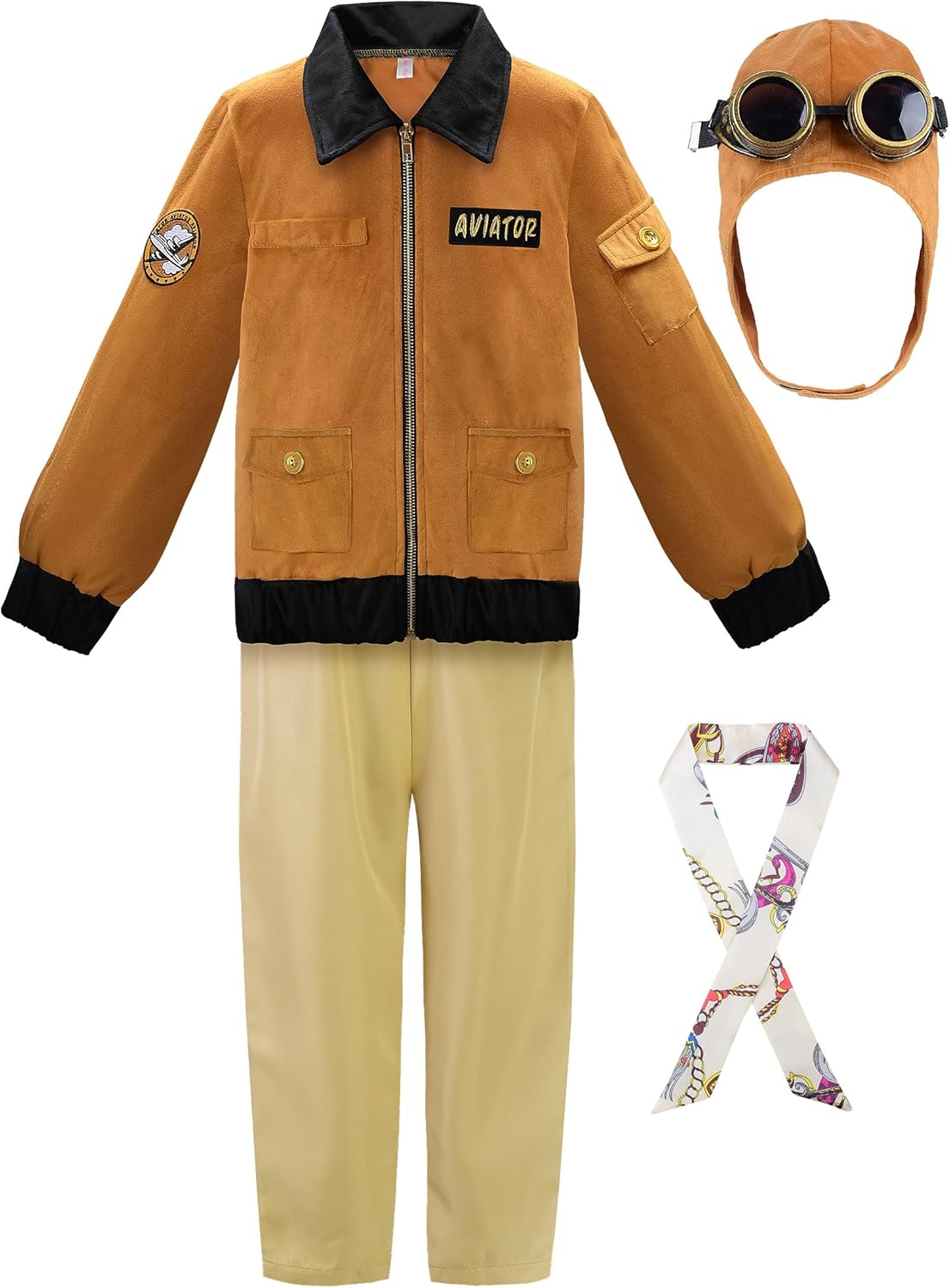 ReliBeauty Earhart Historical Costume Kids Aviator Costume for Girls with Hats, Glasses and Scarves,Yellow