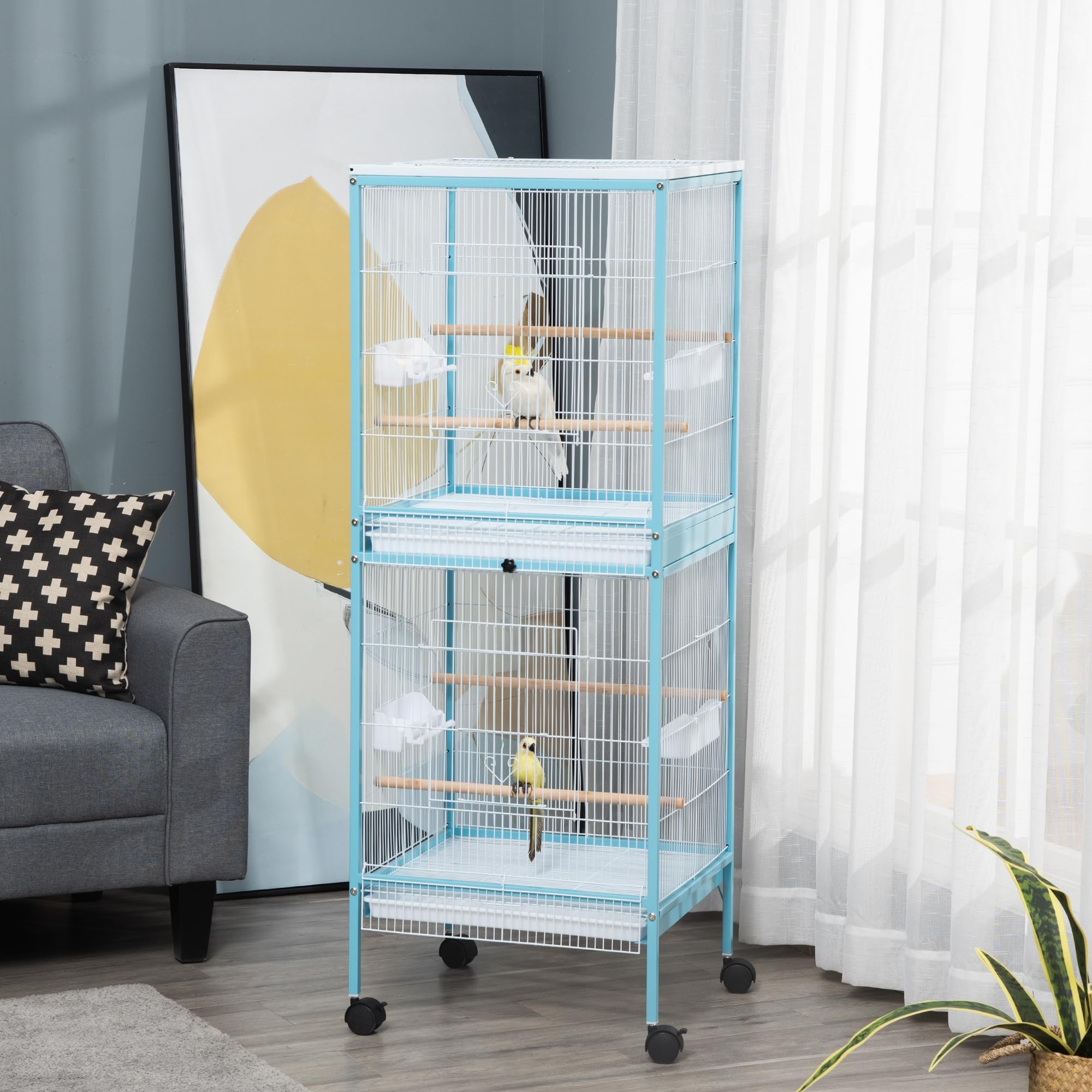 PawHut Grande Cage à Oiseaux sur Pied Volière Double avec Mangeoires Perchoirs Plateau Amovible Roulettes 51,5 x 50 x 140 cm Bleu Clair