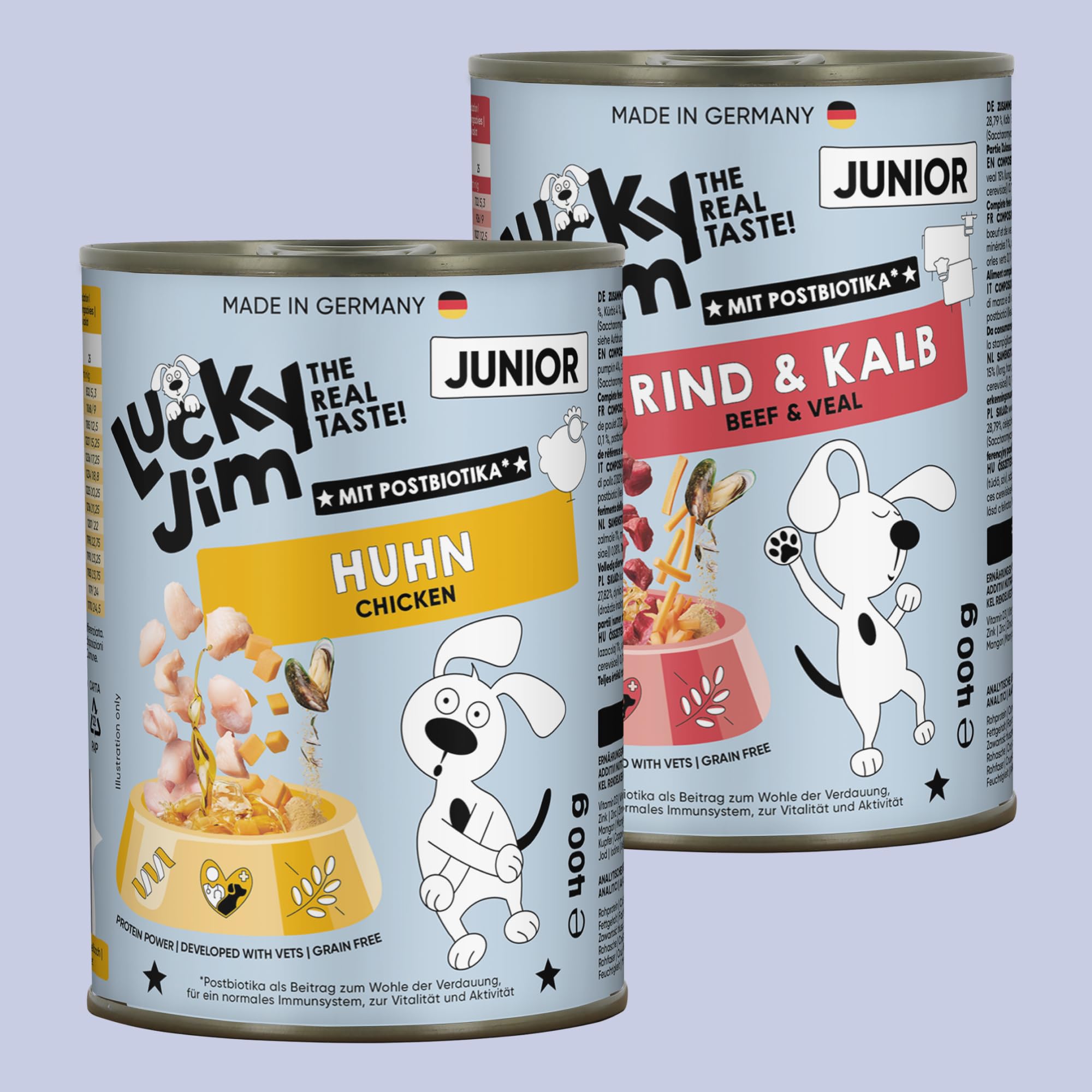 LUCKY JIM Huhn, Rind & Kalb JUNIOR Hundefutter nass - 18 x 400g Dosen - Nassfutter für Junge Hunde getreidefrei, ohne Zuckerzusatz & mit Postbiotika, Made in Germany, mit Tierärzten entwickelt
