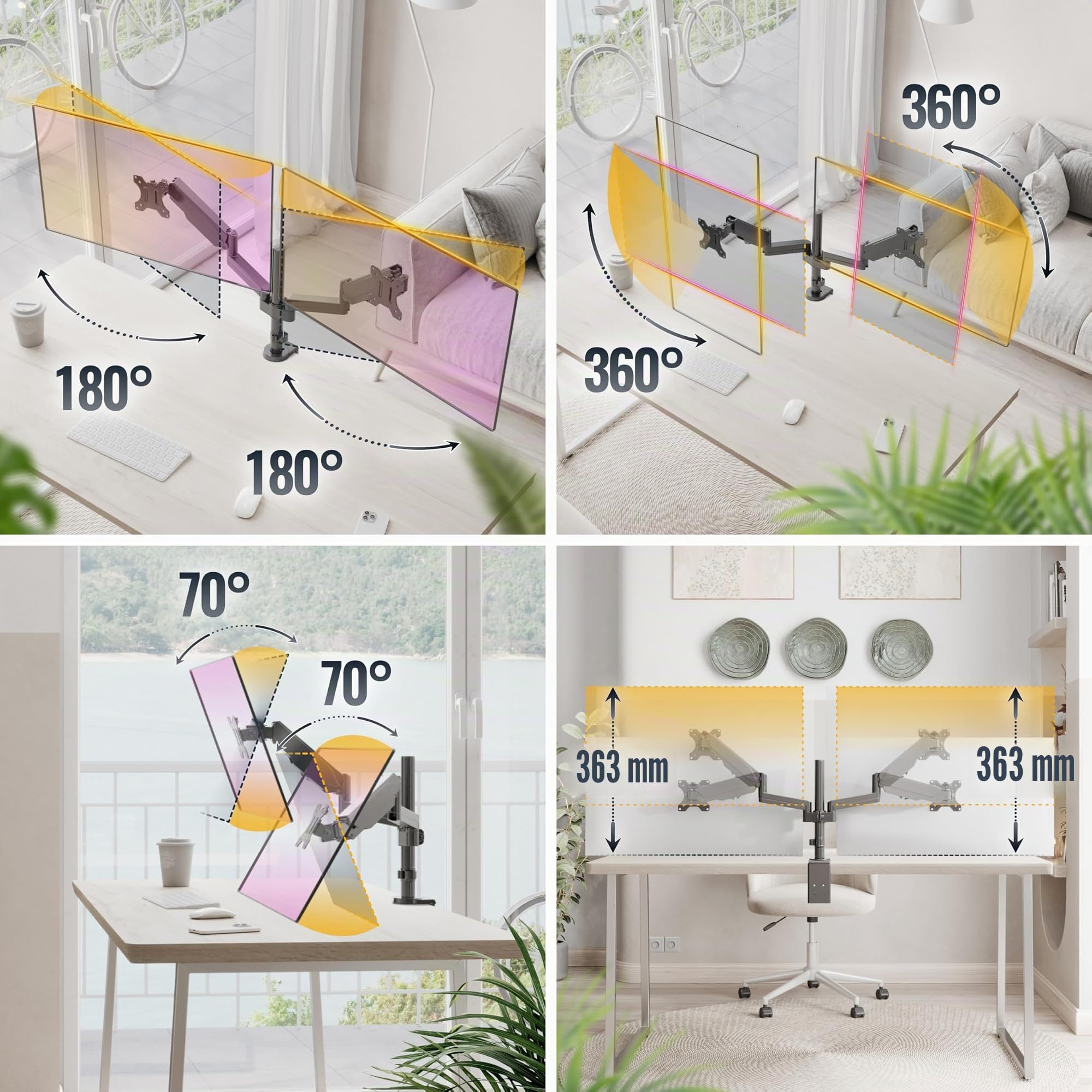 RICOO TS3911 Dual Support Écran PC TV 2 Écrans 13 17 19 22 24 27 28 32 Pouces VESA 75x75 100x100 Ressort à gaz Orientable Inclinable Rotatif Universel Fixation Bureau Pince de Table