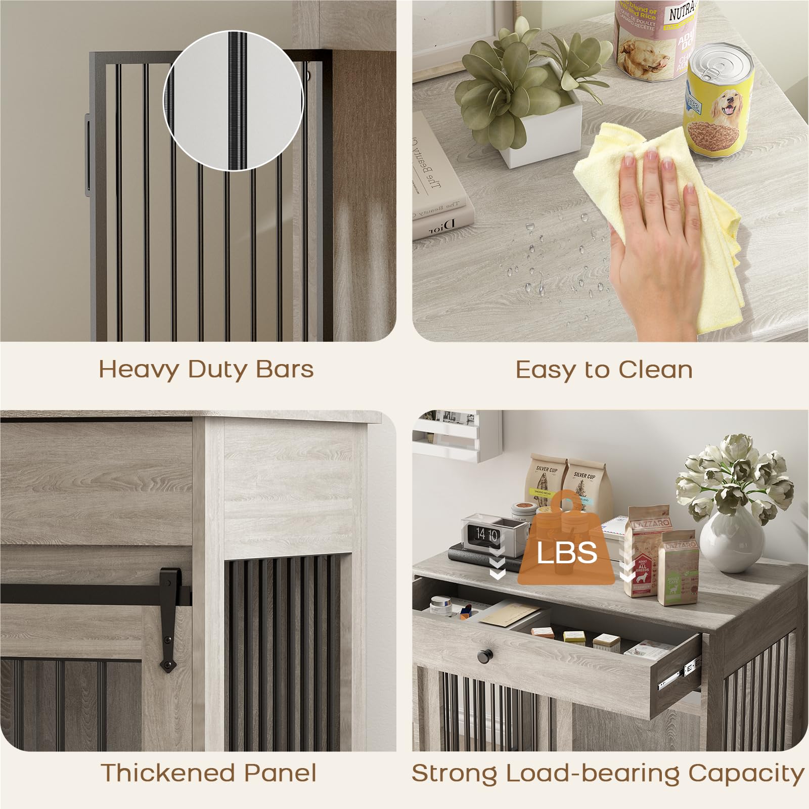 Cage pour Chien, Caisse pour Animaux de Style Meuble avec Portes Coulissantes, Niche D'intérieur en Bois avec Tiroir, Maison pour Chien avec Gamelle Pivotante à 360°, Gris