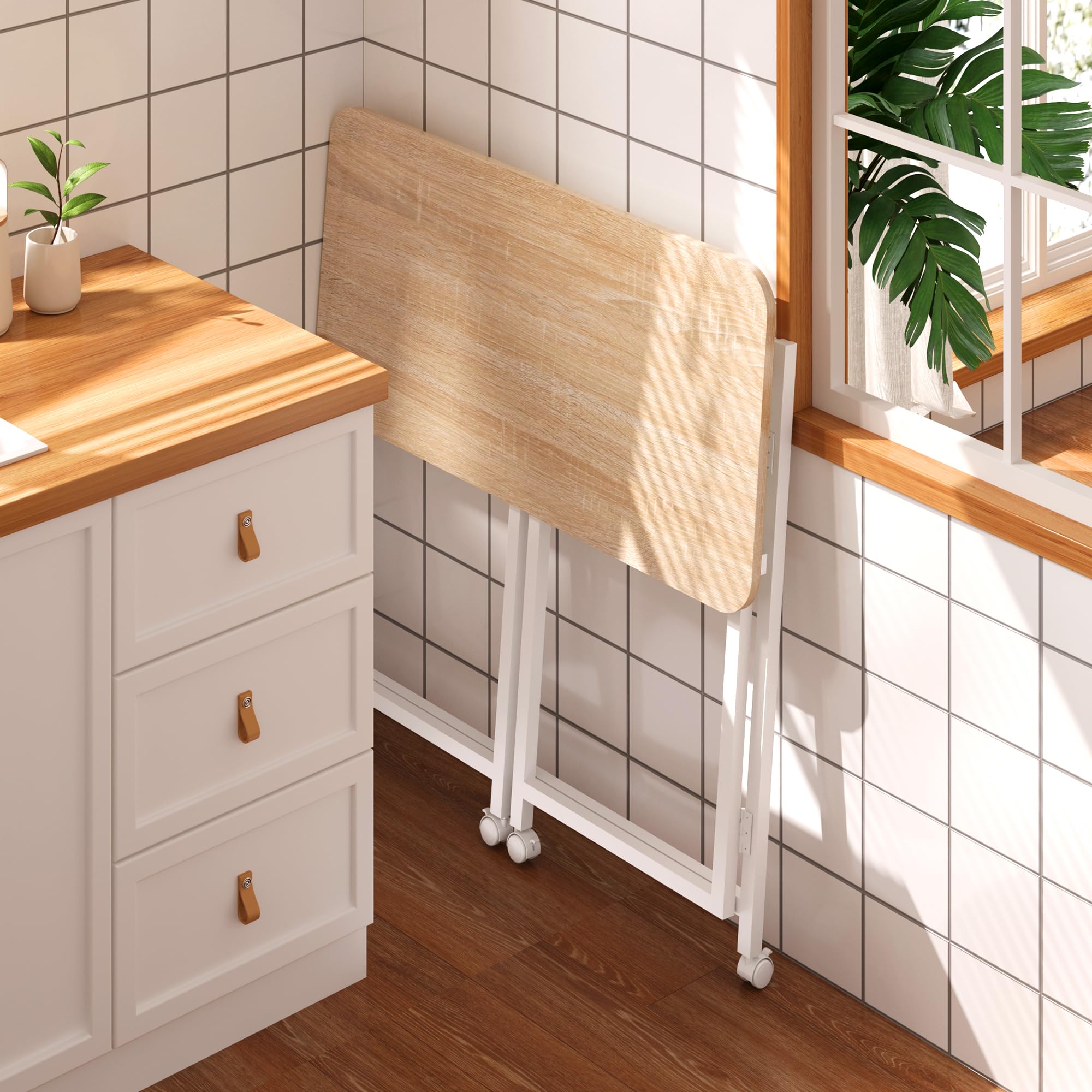 Escritorio móvil pequeño para computadora de 27.5 pulgadas, mesa plegable para computadora portátil con ruedas, escritorio de oficina portátil para sofá cama de espacio pequeño, color natural y 4