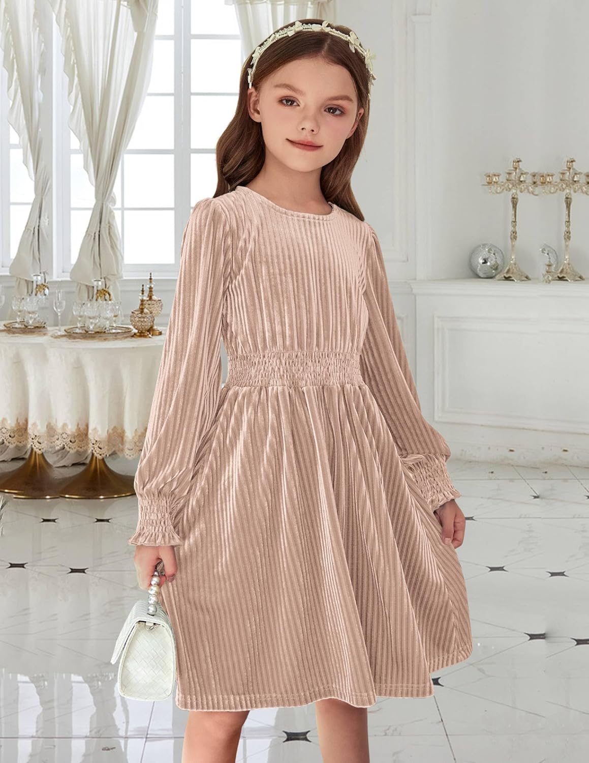 Arshiner Girls Long Sleeve Dress Velvet Crew Neck Midi Fall Vintage Plain Dress for Kids 4-13Y - Image 2