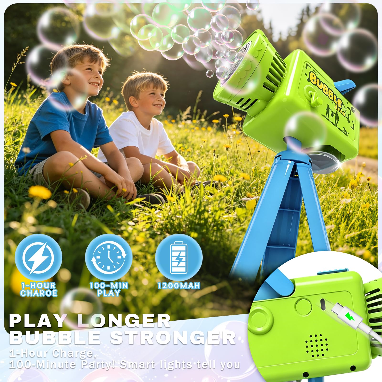 Seifenblasenmaschine Wiederaufladbar 1200mAh, 3-in-1 Handheld Seifenblasenpistole mit Stativ & 360° Drehplatte, LED Licht & Musik, Seifenblasenmaschine Kinder Outdoor für Hochzeit Garten