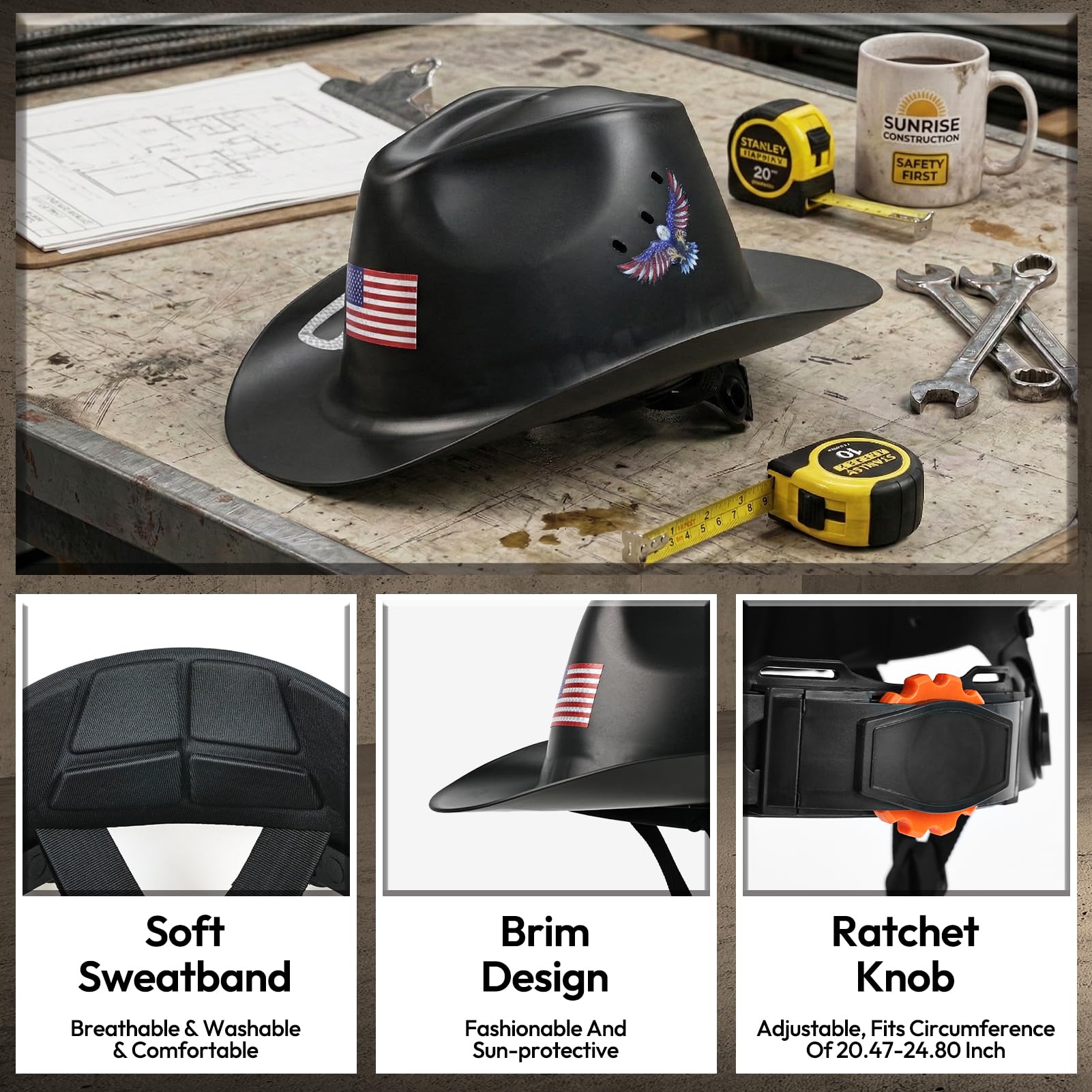 Casque de sécurité de cowboy approuvé par l'OSHA, casque de sécurité à bord complet avec visière intégrée, suspension à cliquet à 4 points, casque de sécurité pour homme et femme, ANSI Z89.1