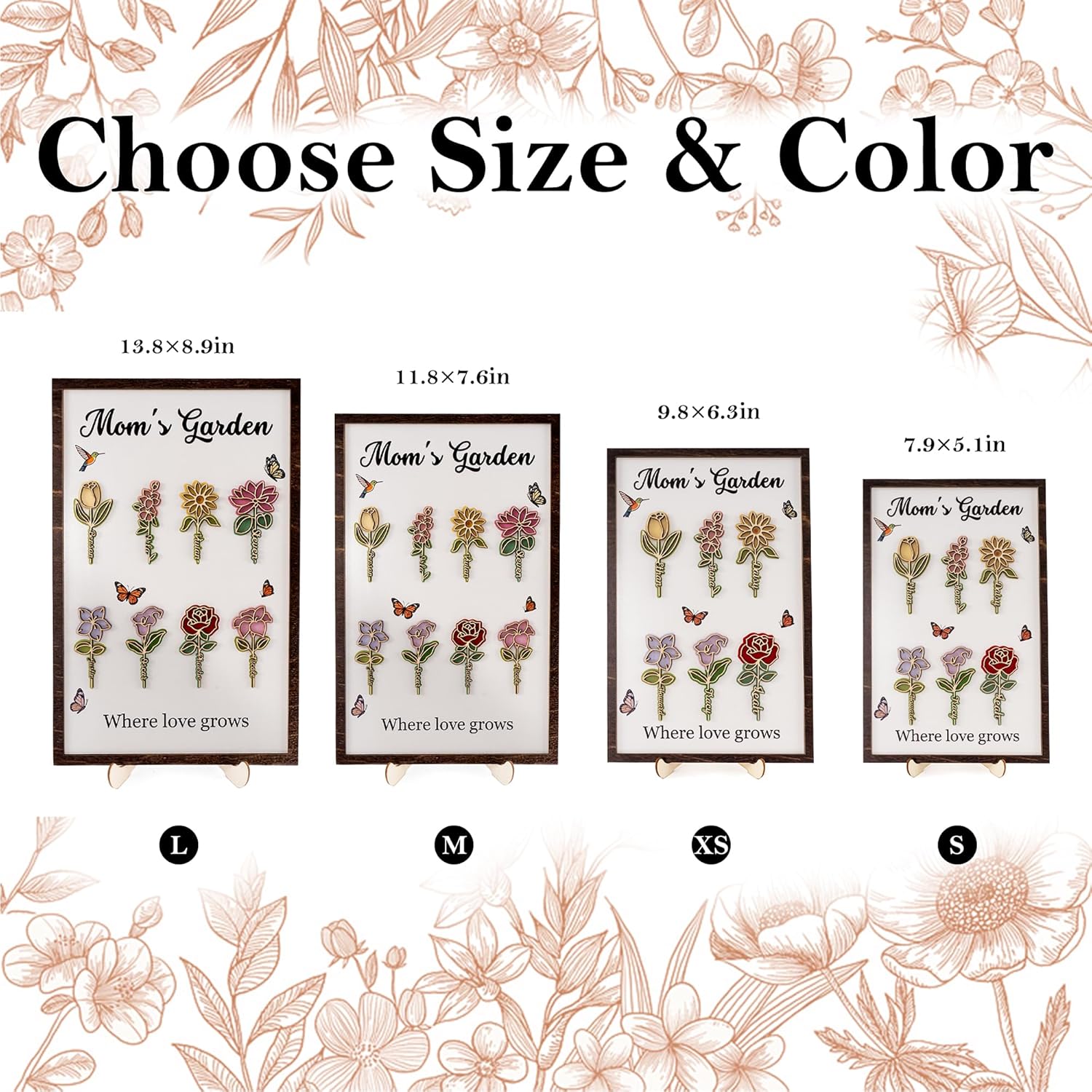 Personalized Birth Flower Signs with Names, Custom Wooden Wildflower Frame with Stand, Custom Wooden Flower Name Sign Home Desk Decor, Birthday Mothers Day Gifts for Mom Grandma Nana, 4 Sizes