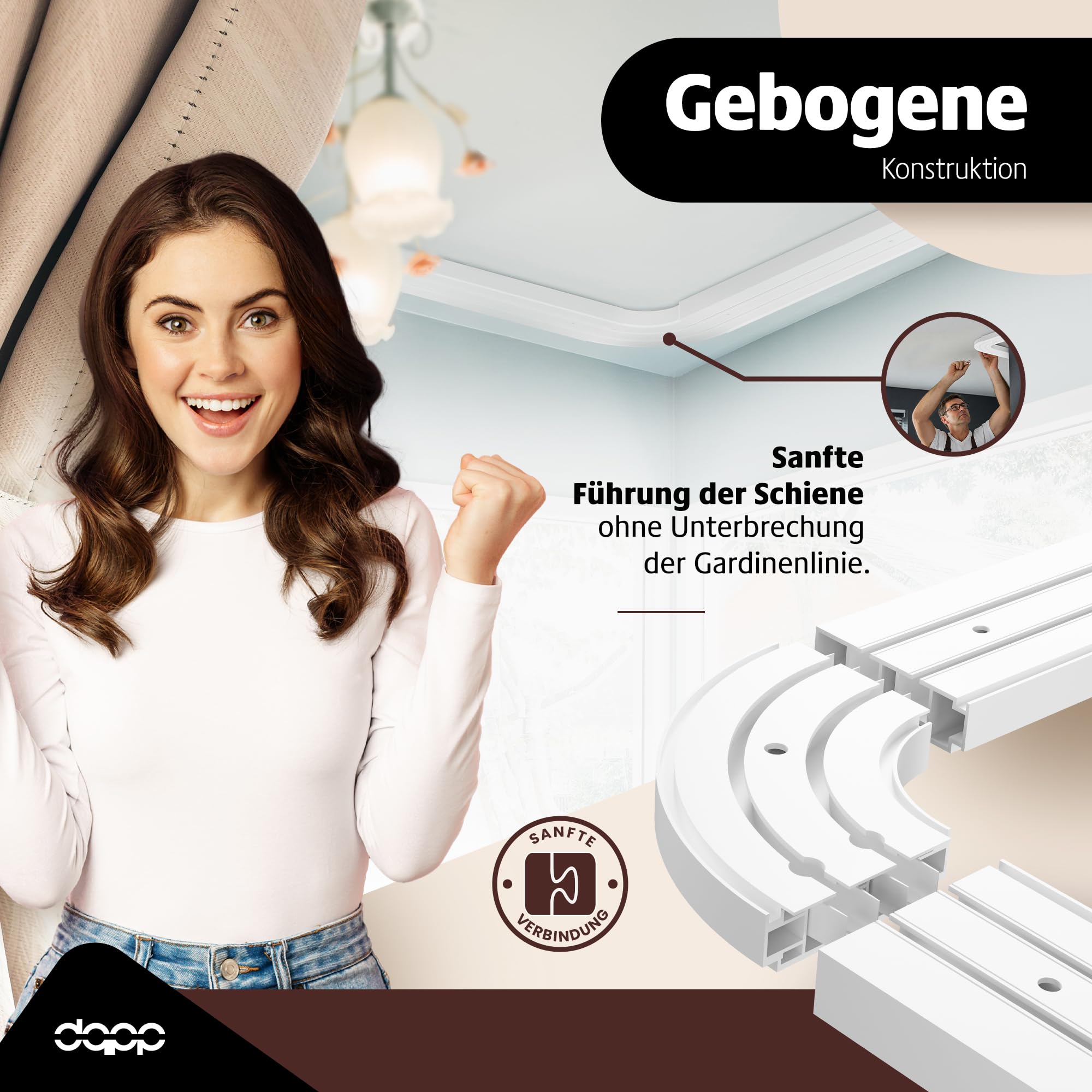 DQ-PP 500cm (2 x 150 cm + 2 x 100 cm + Verbinder) Gardinenschienen PVC 1 - läufig Innenlaufschienen Deckenschiene