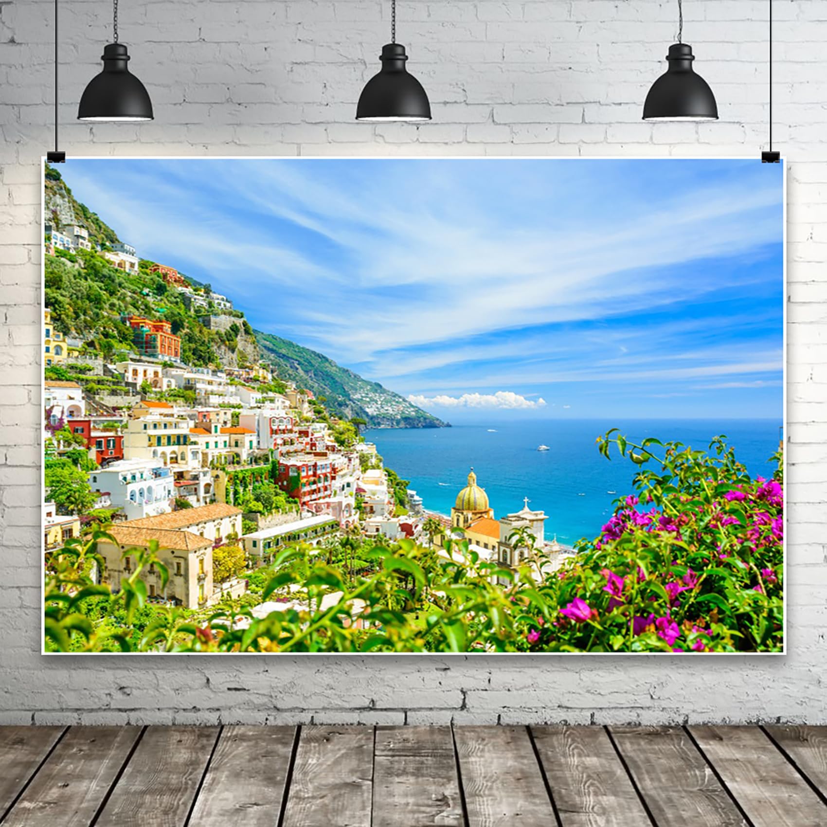 Telón de Fondo Ciudad Griega 3.5x2.5m Mar mediterráneo Fondo de la Isla de Santorini Primavera Cielo Azul Nubes Blancas Paisaje Fotografía Telón de Fondo Estudio Accesorios de Disparo