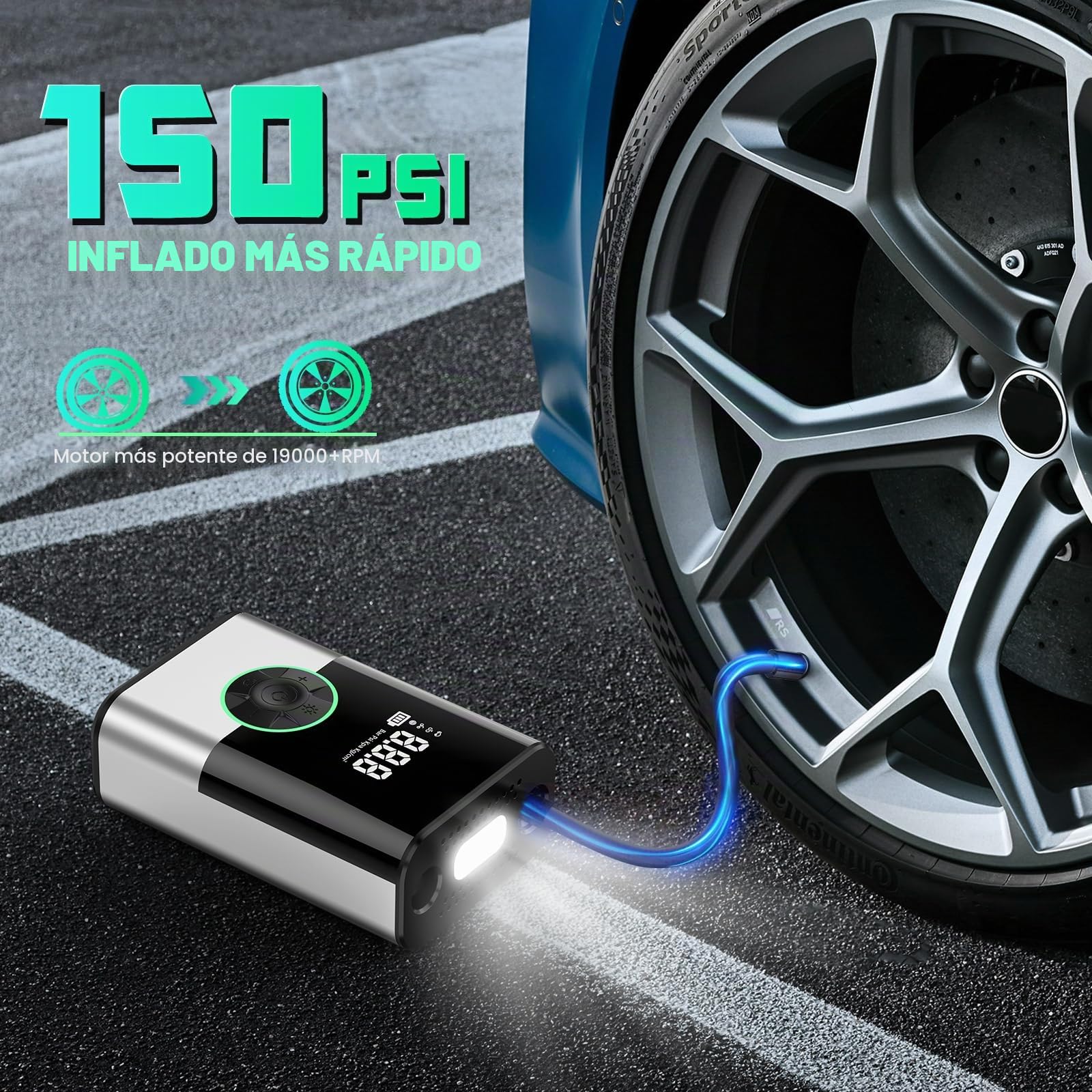 6000Mah Compresor Aire Portatil, 150PSI Inflador Ruedas Coche Mini Bomba de Aire Bicicleta Electrica con Pantalla LCD Digital y Linterna LED，con 4 Boquillas para Coches, Motos