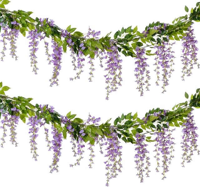 WARMIE 4x7FT Flower Garland Wisteria Artificial Flowers Fake Wisteria Vine Silk Fake Wisteria Vine Ivy Plants for Wedding Party Home Wall Decoration Trailing Flower In/Outdoor (Purple)