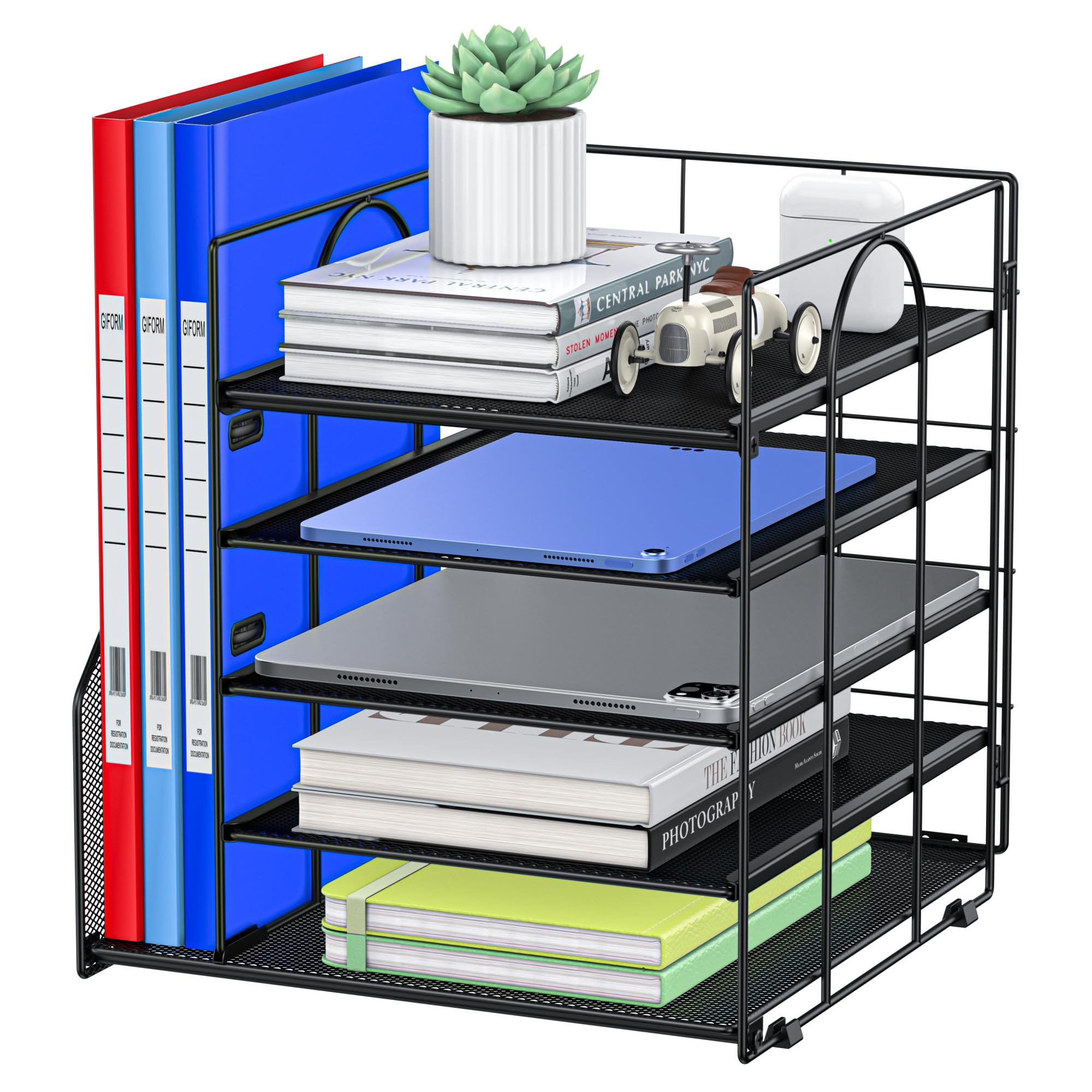 ADO04 Metal Mesh Desk Organizer, 5-Tier Paper Letter Tray with File Holder, Vertical Magazine/File Holder, Desktop Organizer for Office Supplies (Black) image 3