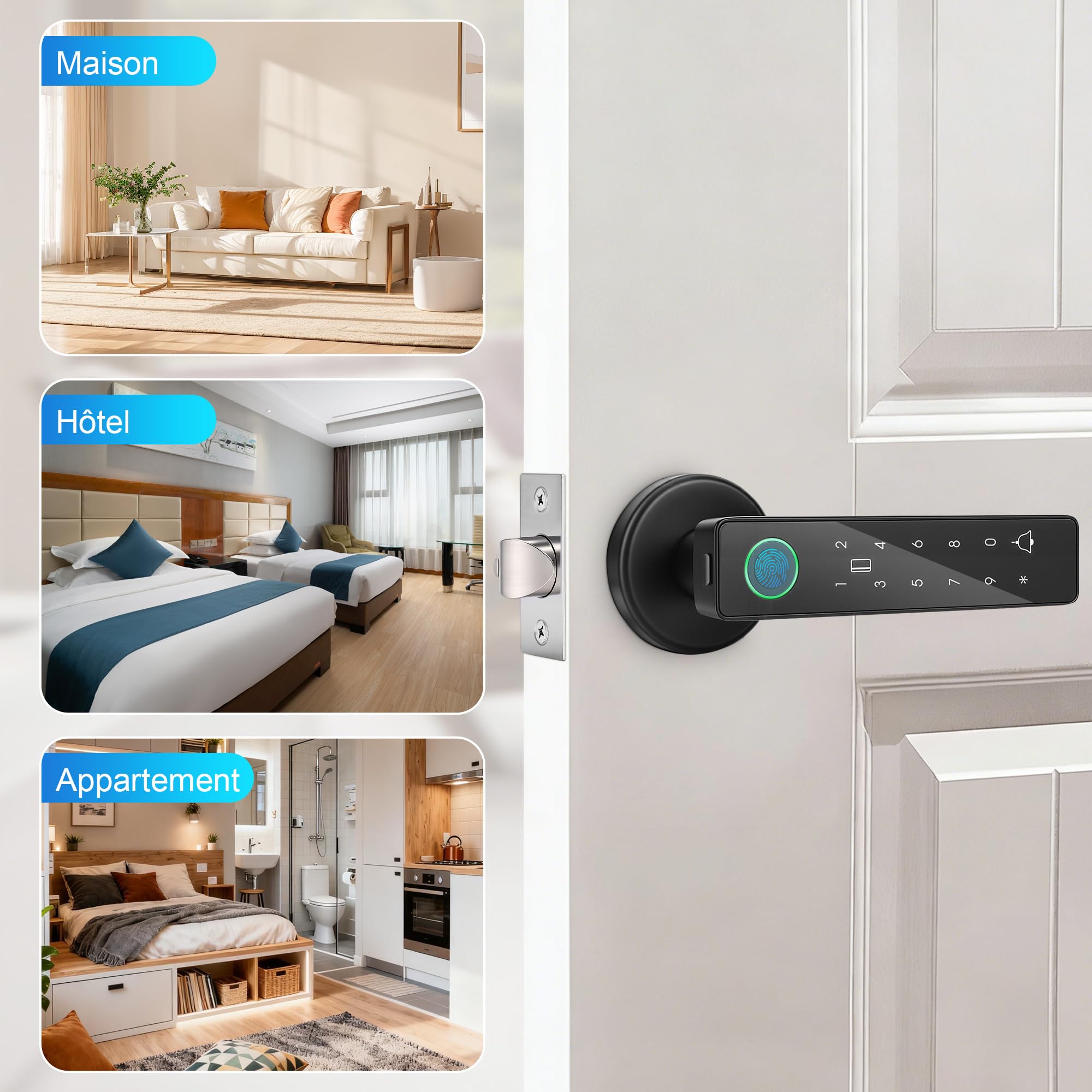 Serrure Connectée, Serrure Porte Biométrique Intelligente, Utilisable avec Empreinte Digitale, Code, Carte à Puce, App et Clé, Système de Sécurité d'Entrée Électronique, Noir