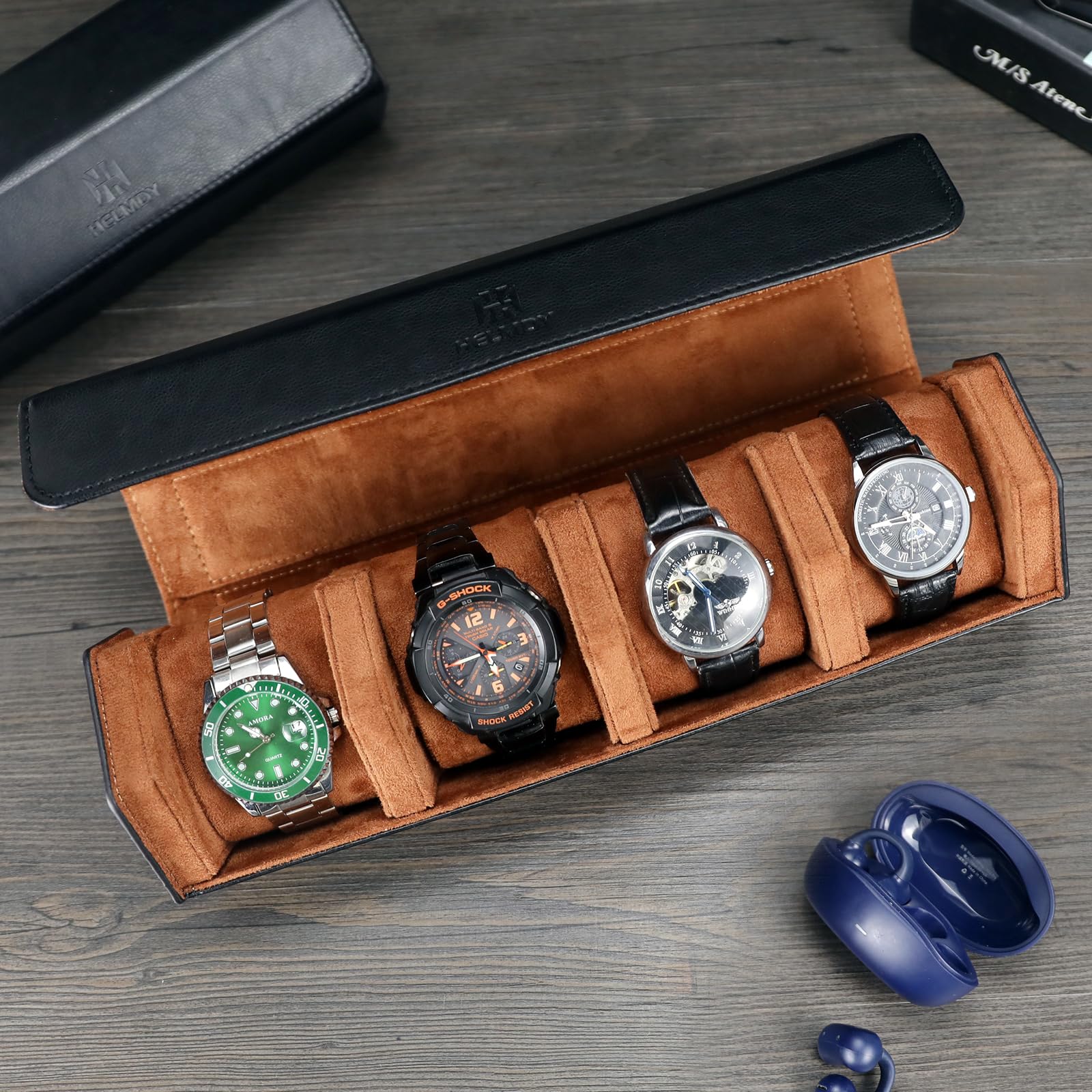 Porta Orologi Uomo 4 Posti, Scatola Porta Orologi Uomo 4 Posti, da Viaggio in Pelle PU, Portatile Scatola per, Donna (Nero/Marrone)