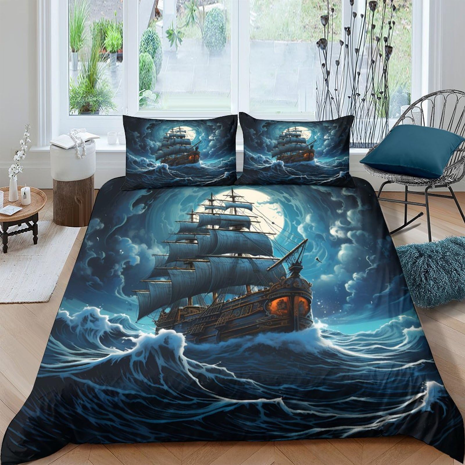 Ctjqhvkz Style-5 3D Printed Pirate Ship Fitted Sheet Microfiber Soft Black Ocean Waves Mattress Cover For Bedroom Dorm Home Decor Single（135X200cm）