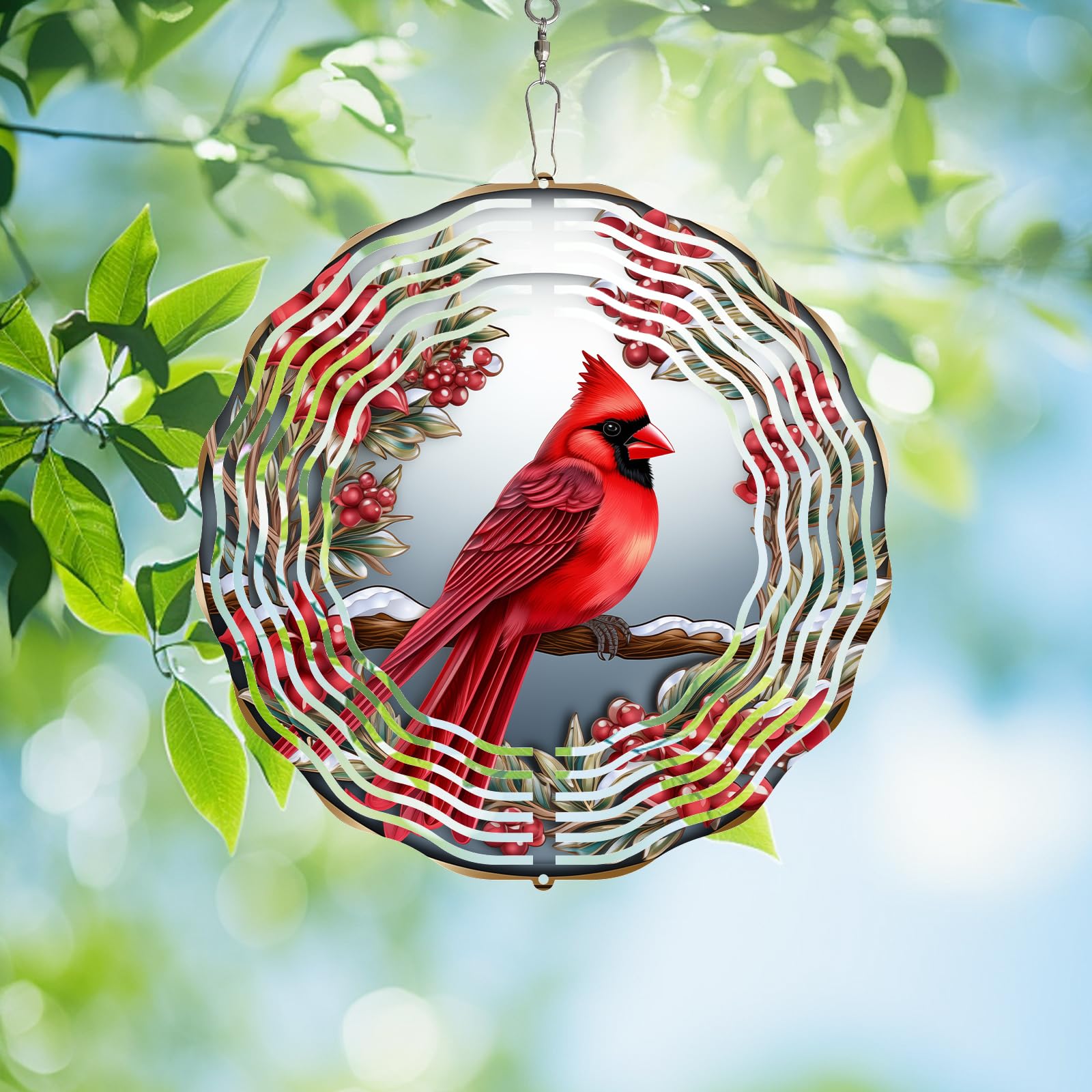 Molinillo de viento cardenal, spinner de pájaros 3D con acebo para patio y jardín, girador de viento de acero 3D para exteriores, 10 pulgadas, esculturas de viento de Navidad 3D