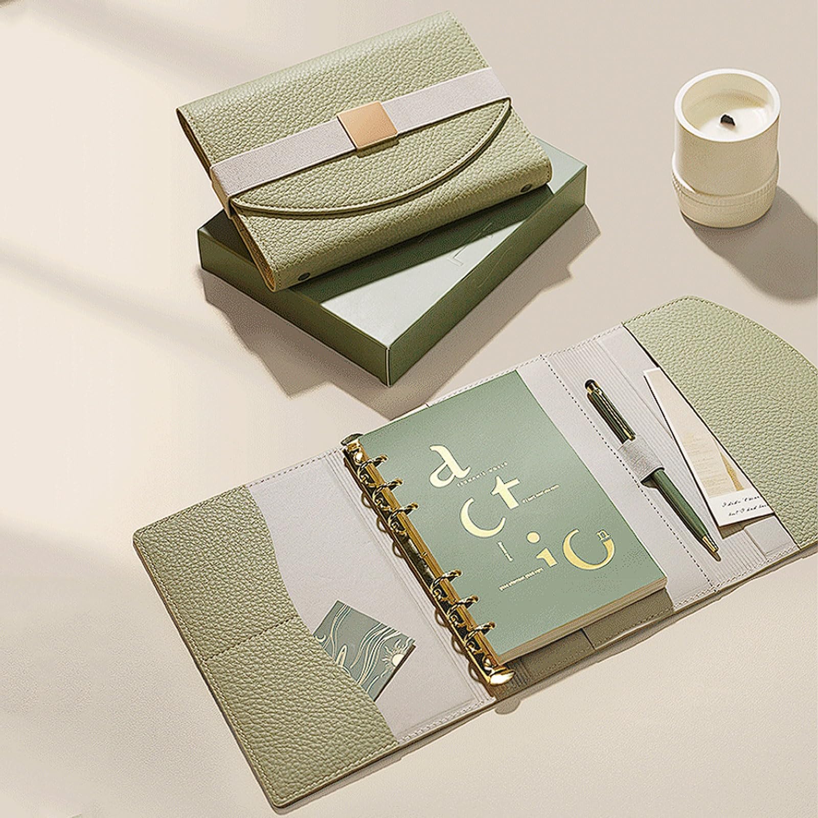 esmen A5 A6 Notizbuch-Set aus weichem Leder mit losen Blättern, Metallschnallenverschluss Stifthalter und Taschen, mehrseitiges Layout(Geel,A5)