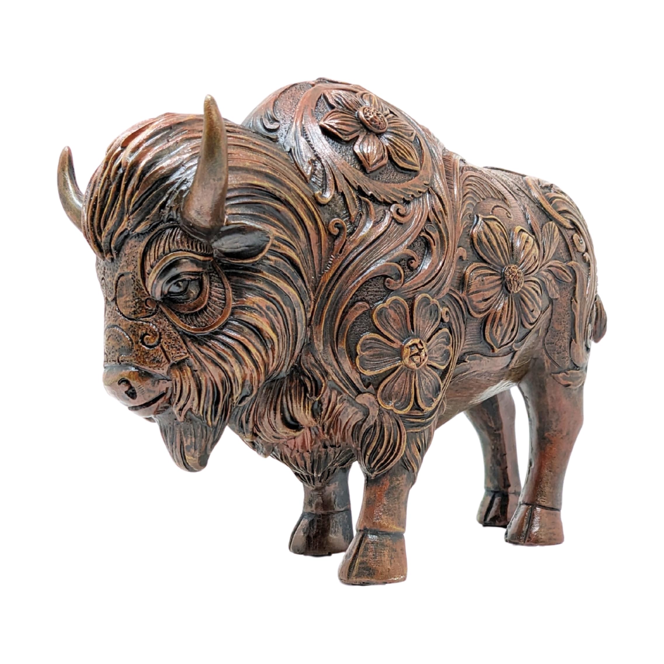 Photo 1 of ***DAMAGE IN PICTURE*** Brown Bison Resin Figurine – Rustic Tooled American Buffalo Statue with Intricate Floral Carving Design–Decorative Western Desk & Shelf Decor for Home, Office–Unique Wildlife & Nature Enthusiasts Gift