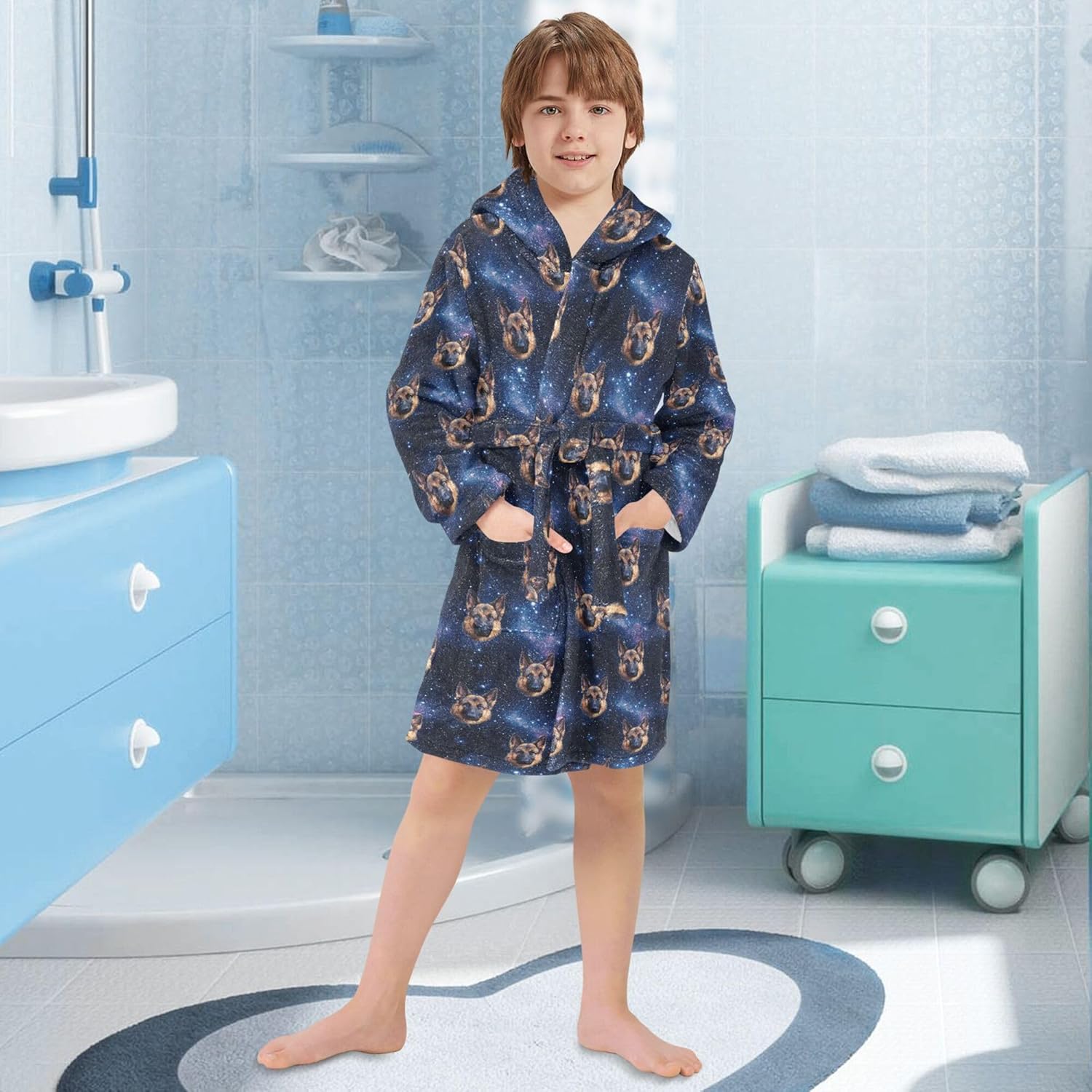 German Shepherd Galaxy Dog Bathrobe Hooded PJ Robe Plush Fleece Robe Pajama Sleepwear 2-12 Years