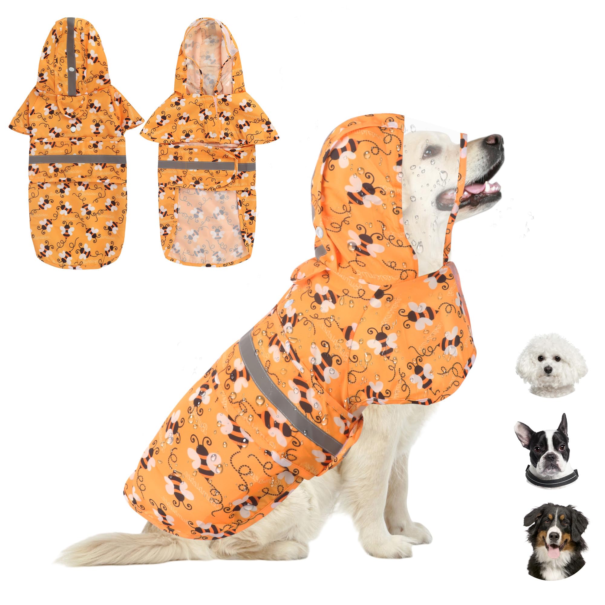 Biurany Waterproof Dog Raincoat for Small and Medium Dogs Adjustable Reflective Coat with Leash Hole (Orange bees, L)