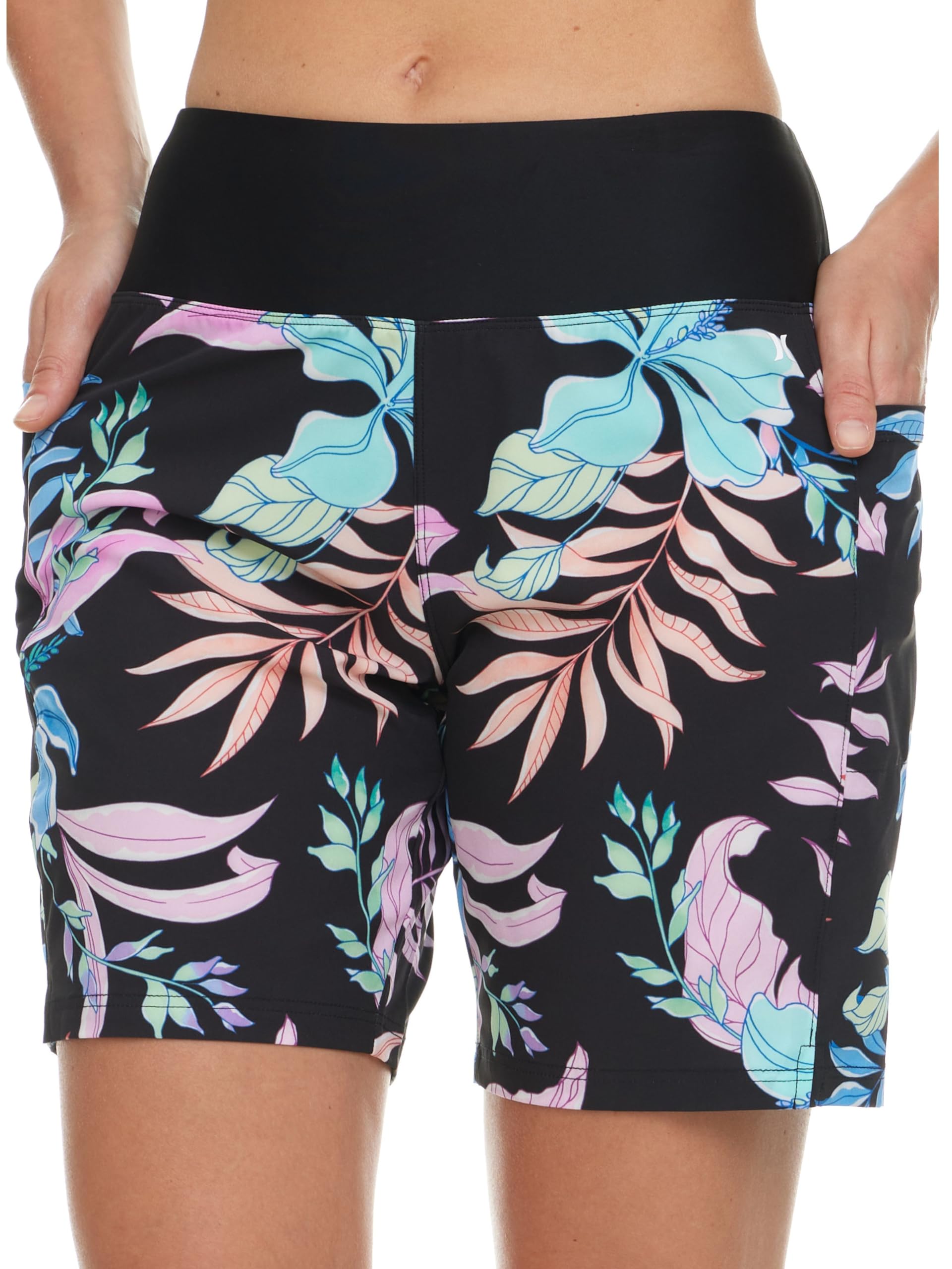 hurley high waisted swim shorts women, 7" board shorts with pockets & inner liner, quick dry bathing suit swim trunk, upf 50+ black multi