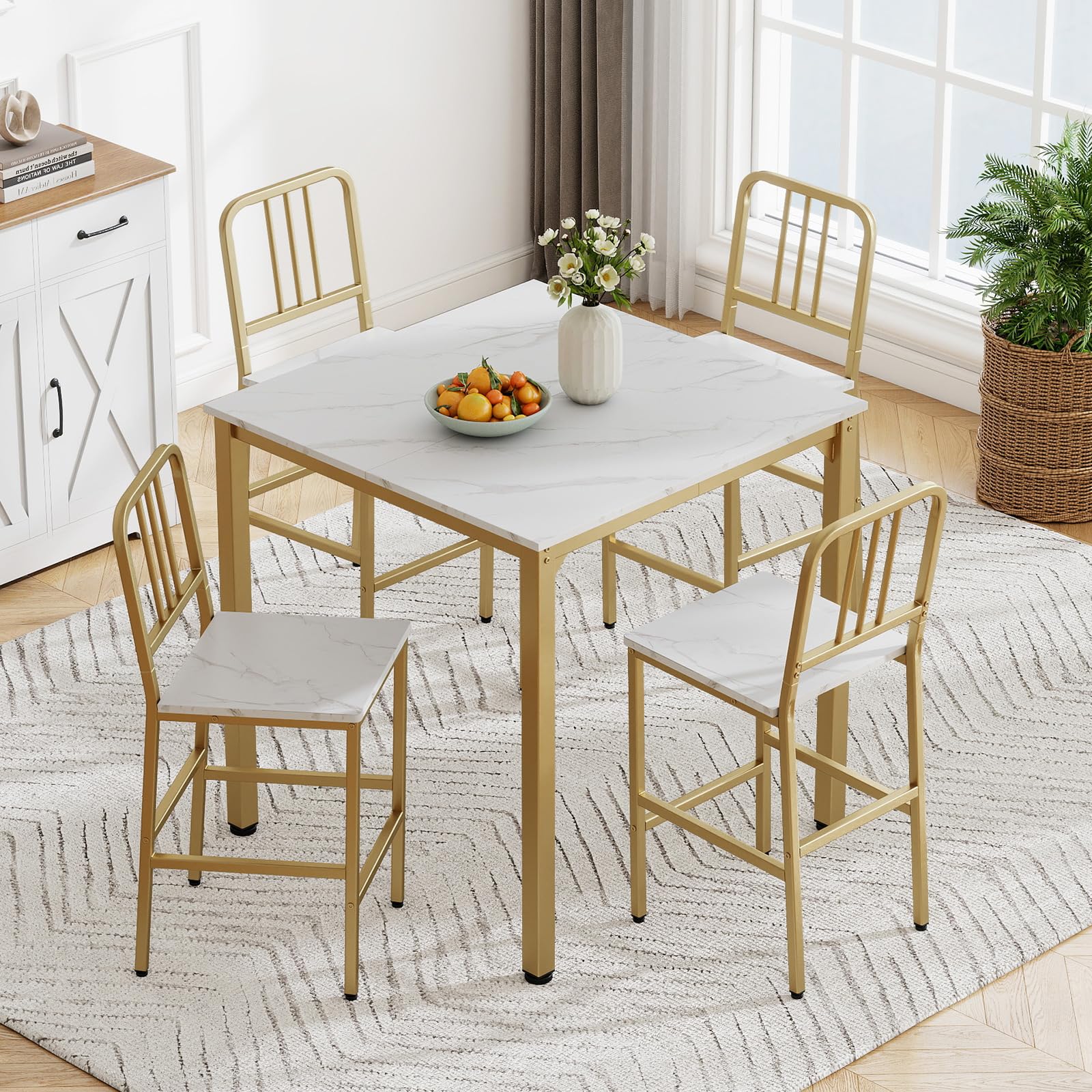 COSTWAY Set da Pranzo per 4 Persone, Set Cucina Bar 5 Pezzi con Superficie in Finto Marmo, Tavolo Quadrato in Legno e 4 Sgabelli Alti per Angolo Colazione e Sala da Pranzo (Bianco)