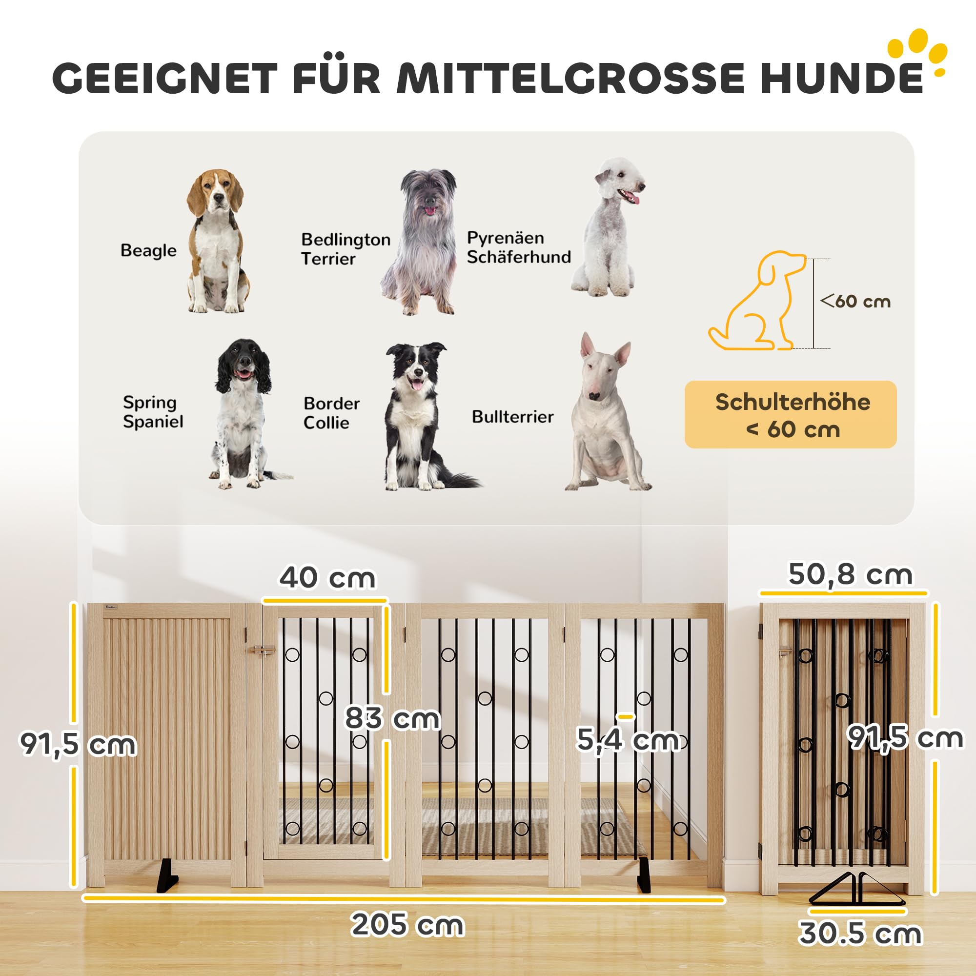 PawHut - Rejilla de protección para perros independiente, HxAn: 91,5 x 205 cm Rejilla plegable para perros con 2 patas de apoyo, puerta con cerradura, rejilla para mascotas para cocina, chimenea