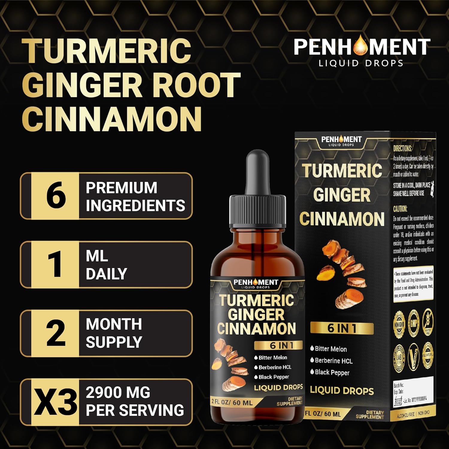 6in1 Liquid Turmeric Curcumin with Ginger, Berberine Extract, Ceylon Cinnamon, Bitter Melon, Black Pepper - Drops Extract - 2FL oz - 60 Servings - Image 6