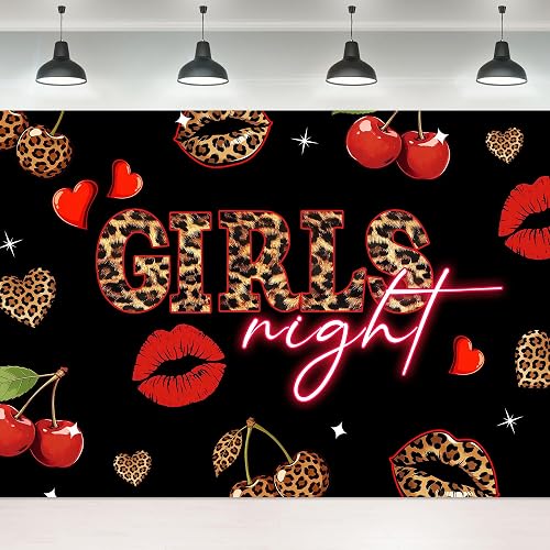 Girls Night Leopard Backdrop 7Wx5H Feet Fabric Polyester Cherry Lips Black and Red Girly Fashion Glitter Vintage Neon Words Vintage Women Photography Background Banner Photo Shoot Decor Prop