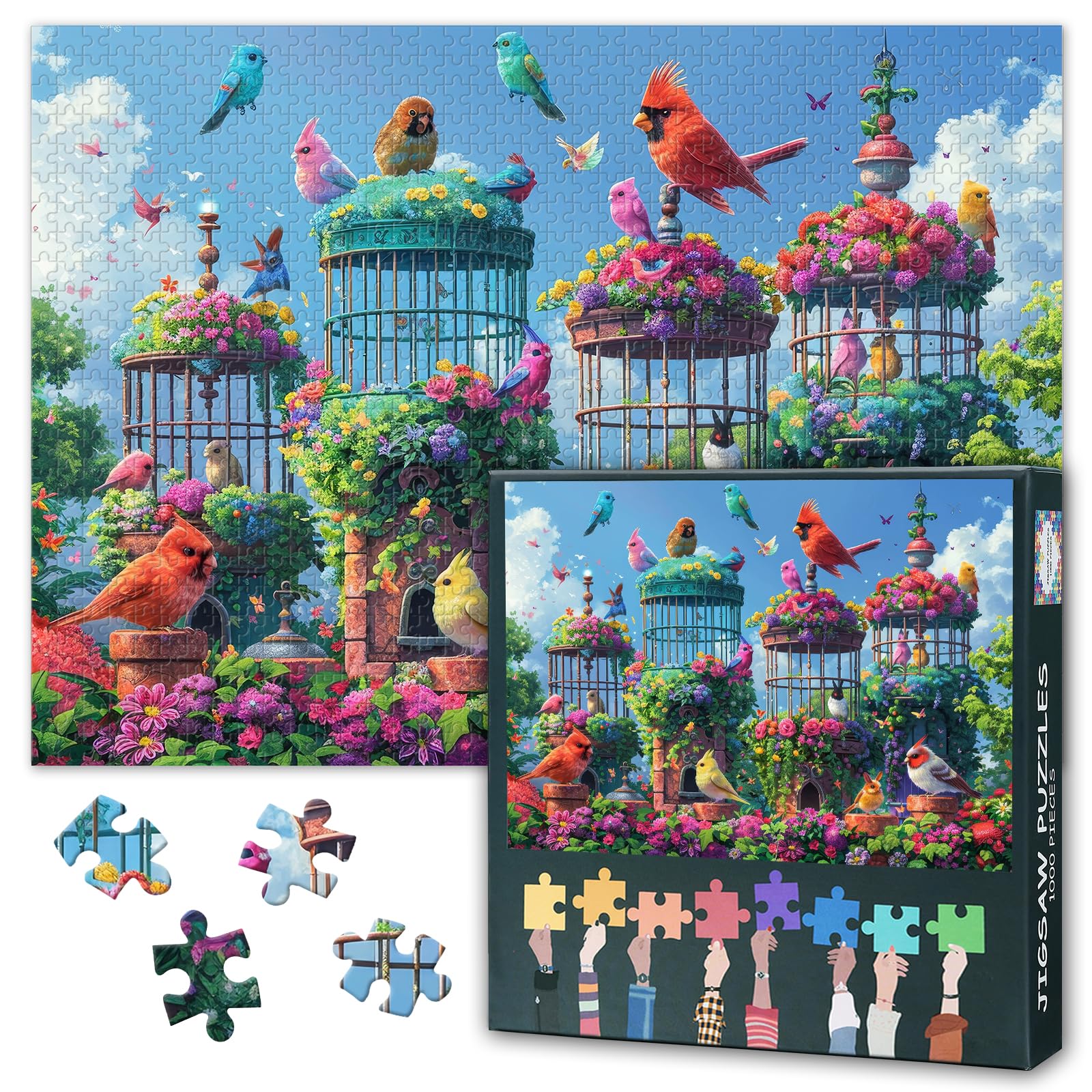 Puzzles for Adults 1000 Pieces - colorful Birds Perched on Flower-Adorned Cages Jigsaw Puzzle, Happy & Relaxing Puzzle 1000 Pieces with Premium Artwork for Home Decor Gifts 70 * 50cm
