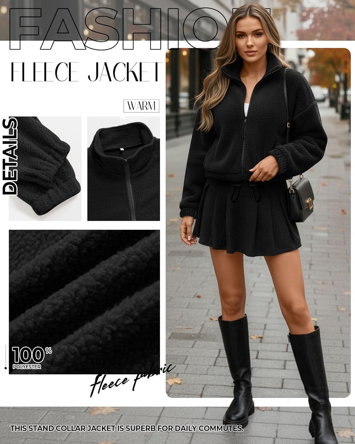 Riyiper Women's Fleece Jacket Cropped Zip Up Lightweight Sweatshirts Stand Collar Winter Sherpa Long Sleeve Coat 2025 Trendy - Image 5