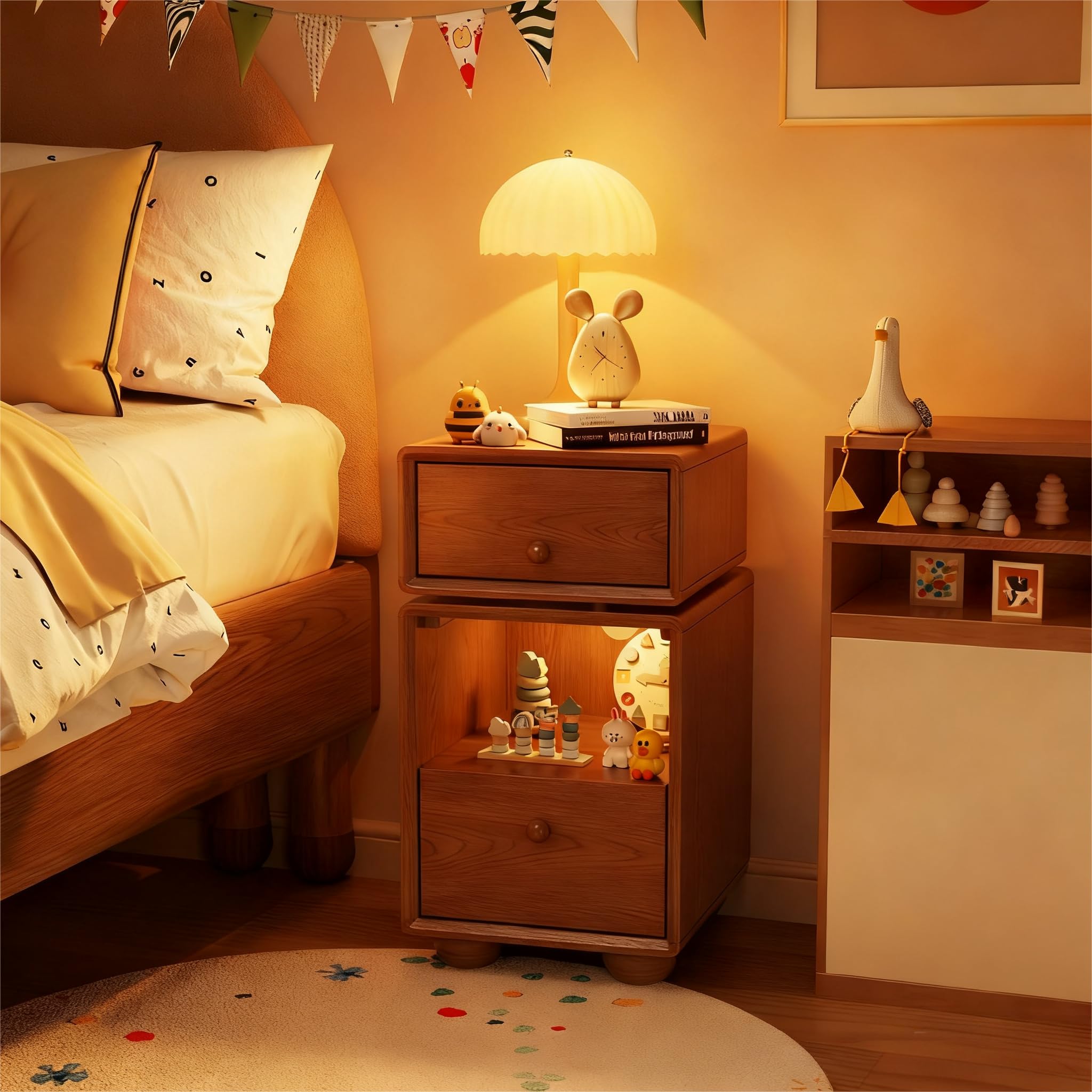 Muwuele Solid Wood Cute Nightstand with 360° Rotating Drawers, Semi-Assembled， Kids Night Stand with LED Lights & 2 Drawers, Modern Fluted Bedside