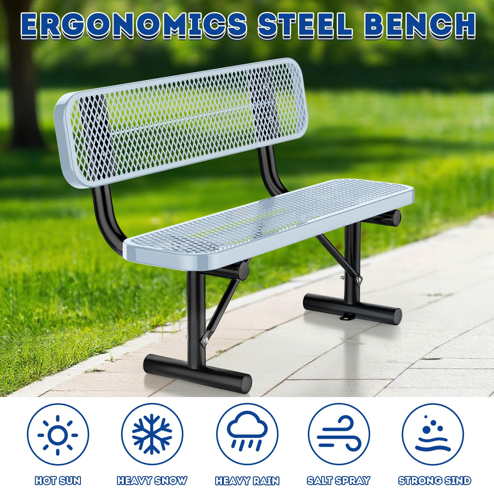 Thermoplastic Coated Iron Park Bench for Outside, Heavy Duty Metal Garden Bench, Expanded Commercial Grade Seating for Shopping Malls, Lawn Yard Porch Entryway (Grey with Backrest, 48IN)