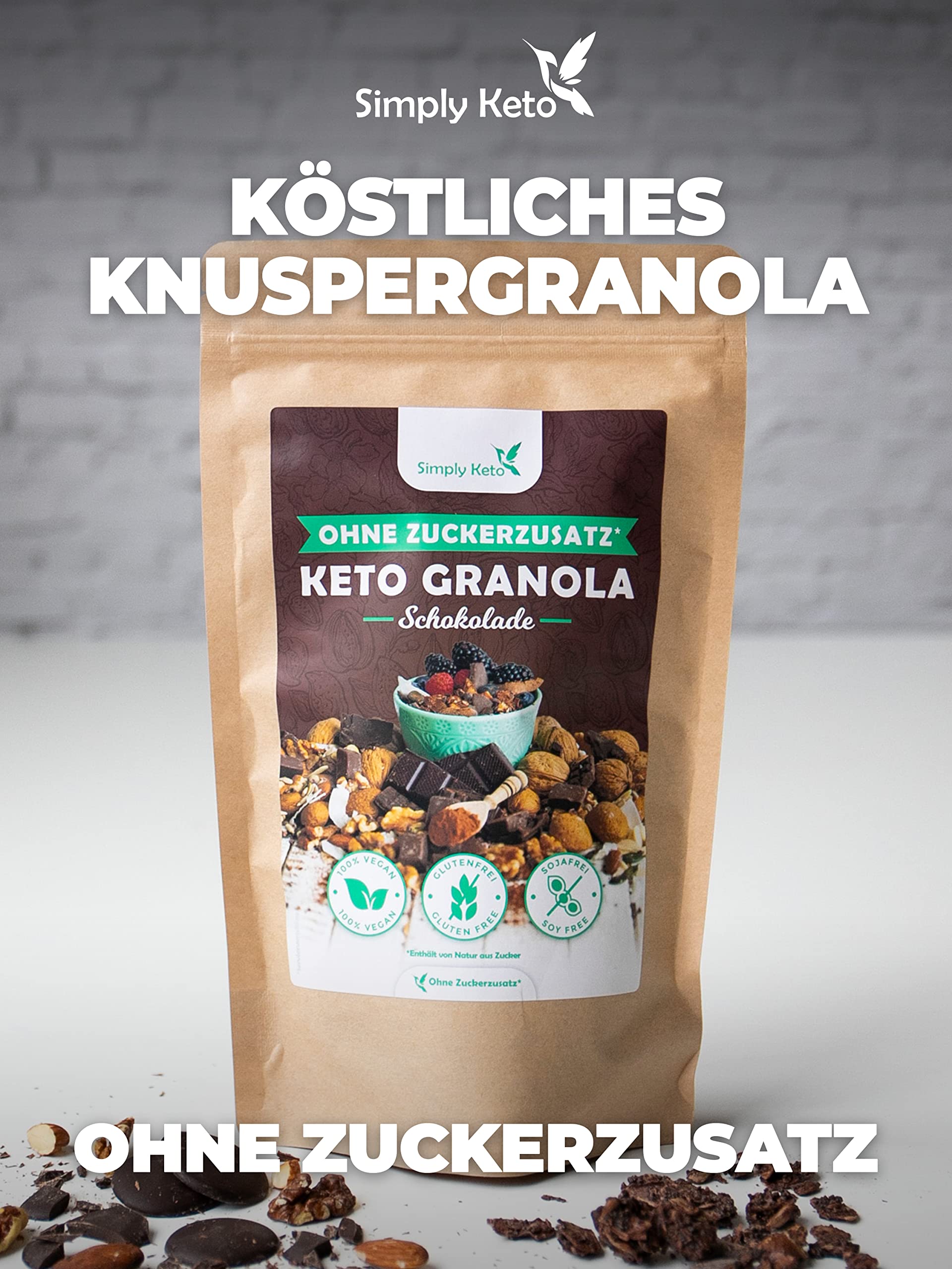 Simply Keto Muesli crujiente de chocolate - Muesli bajo en carbohidratos sin azúcar - 250g Delicioso Muesli Keto para un desayuno perfecto - Paleo y Vegano - Sin soja, lactosa y gluten - 250g