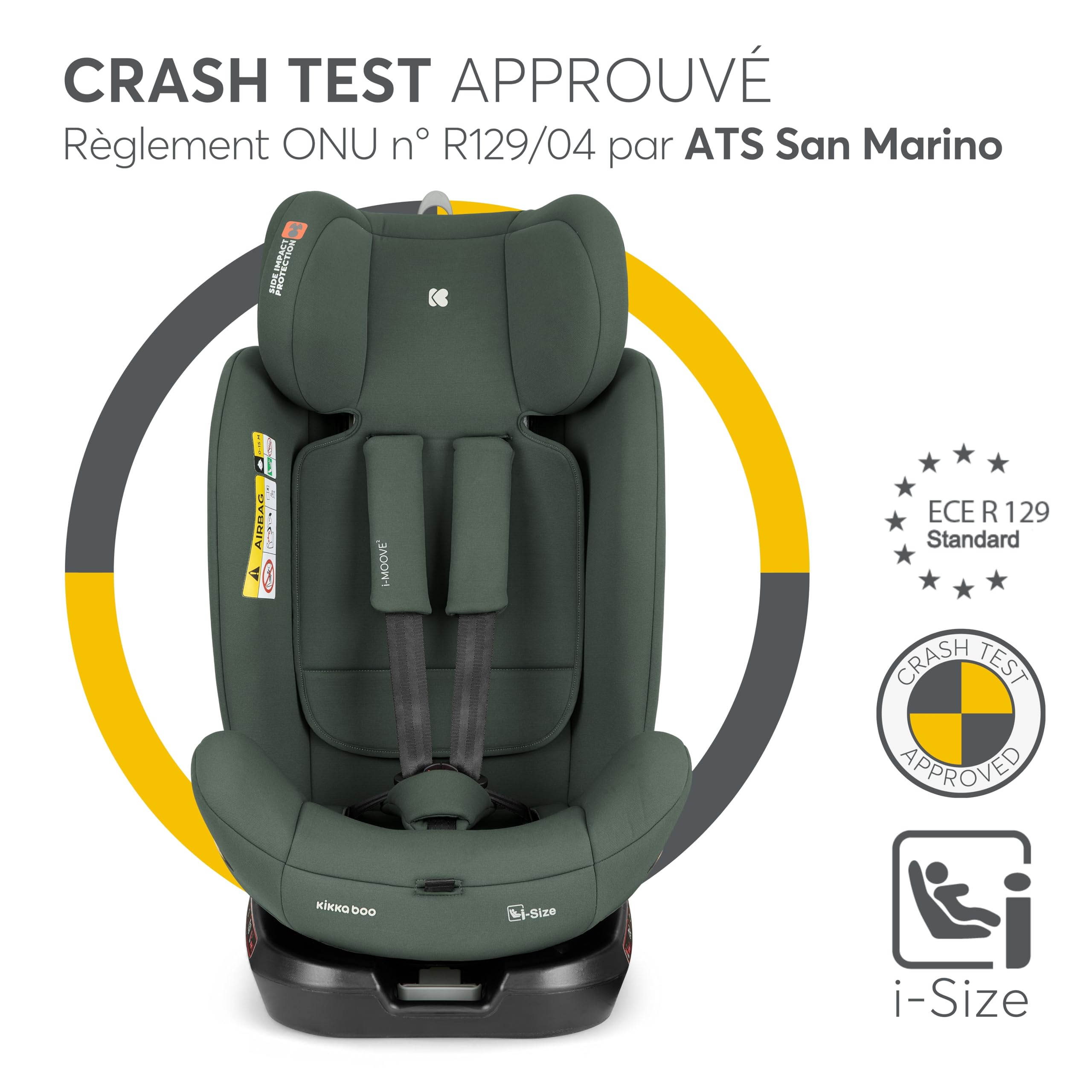KikkaBoo Siège Auto Bébé 0 à 36 kg (40-150 cm) i-MOOVE 2, Rotation 360°, ISOFIX, i-Size, Dos & Face à la Route, Appuie-tête Réglable, Inclinable, Vert Armée