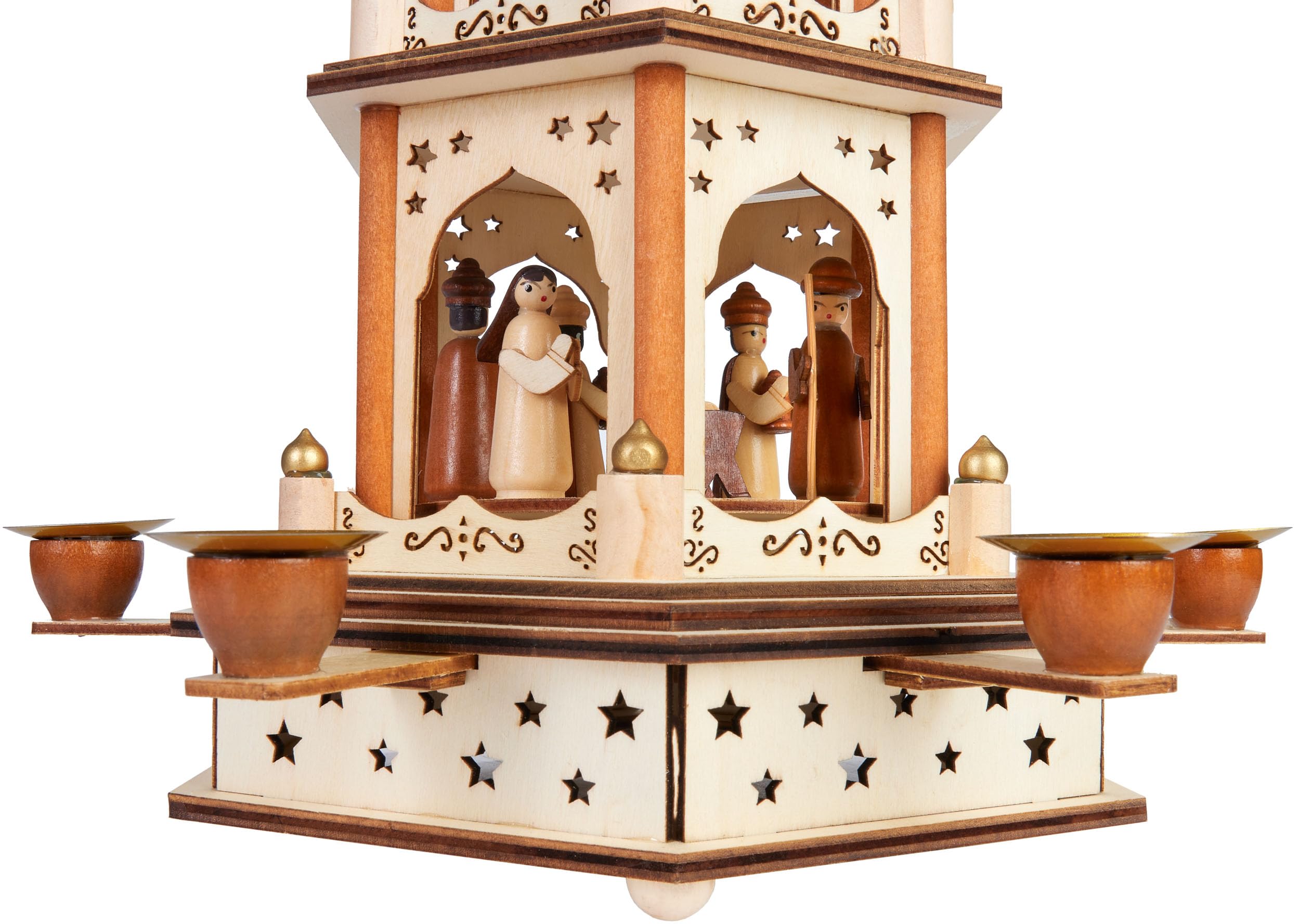 Brubaker Piramide di Natale - Piramide di Legno Rotante a 3 Piani - Decorazione Natalizia con 3 Piani e Ali di Stelle in Legno - Altezza 45 cm - Figure Natalizie Dipinte a Mano - Marrone Naturale