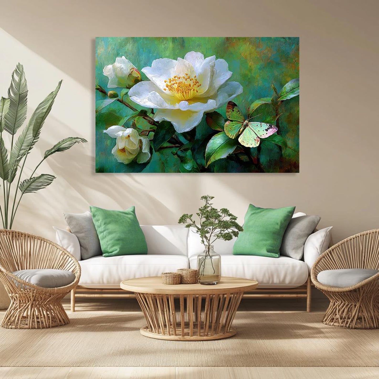CAOXTART Białe róże drukowane arkusze botaniczne kwiaty motyle sztuka ścienna romantyczny kwiatowy obraz na płótnie do sypialni salonu (30x40 cm/rama wewnętrzna)