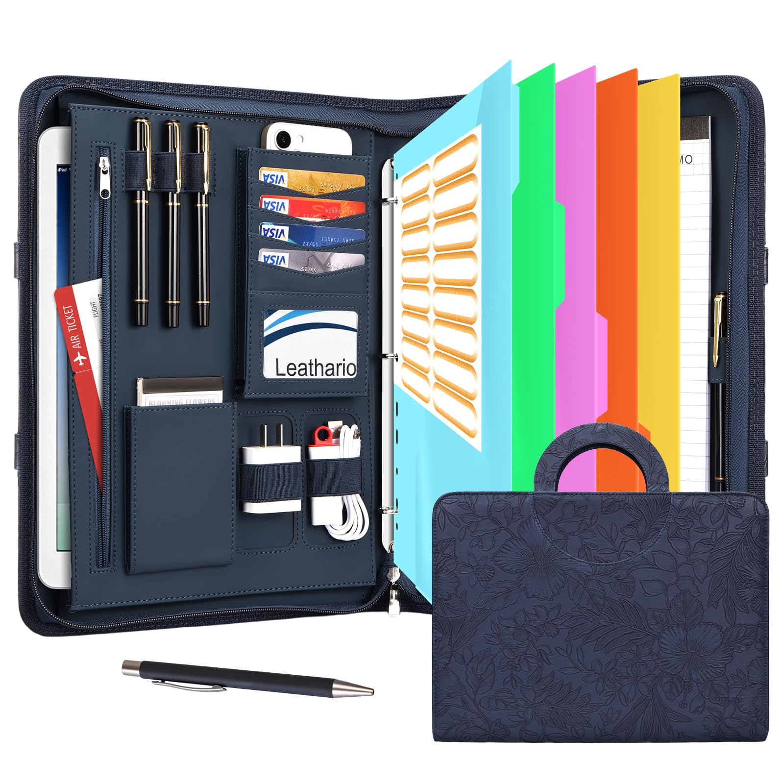 Leathario Portfolio Binder, Includes 5 Folder Index Dividers, 13 Inch Tablets Organizer with Handle, Vegan Leather A4 Padfolio, Multi-Pocket Notepad Business Planner Professional Document