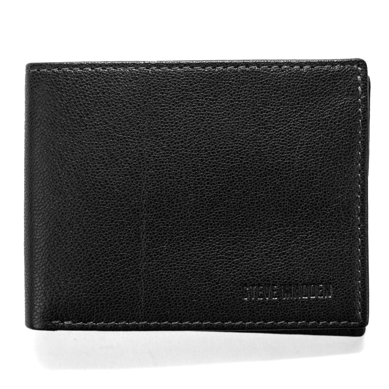 Steve Madden Leather RFID Wallet Extra Capacity Attached Flip Pocket, Black (Smooth Grain)