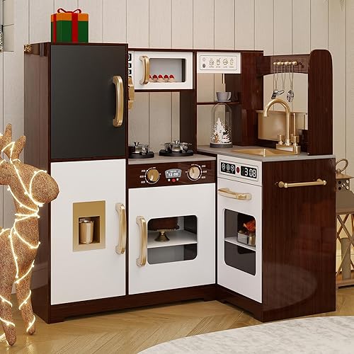 Miniatura 4 de TaoHFE Espresso Corner Play Kitchen con luces, juego de cocina para niños de 1 a 3 años, juego de cocina marrón para niños con accesorios de juego